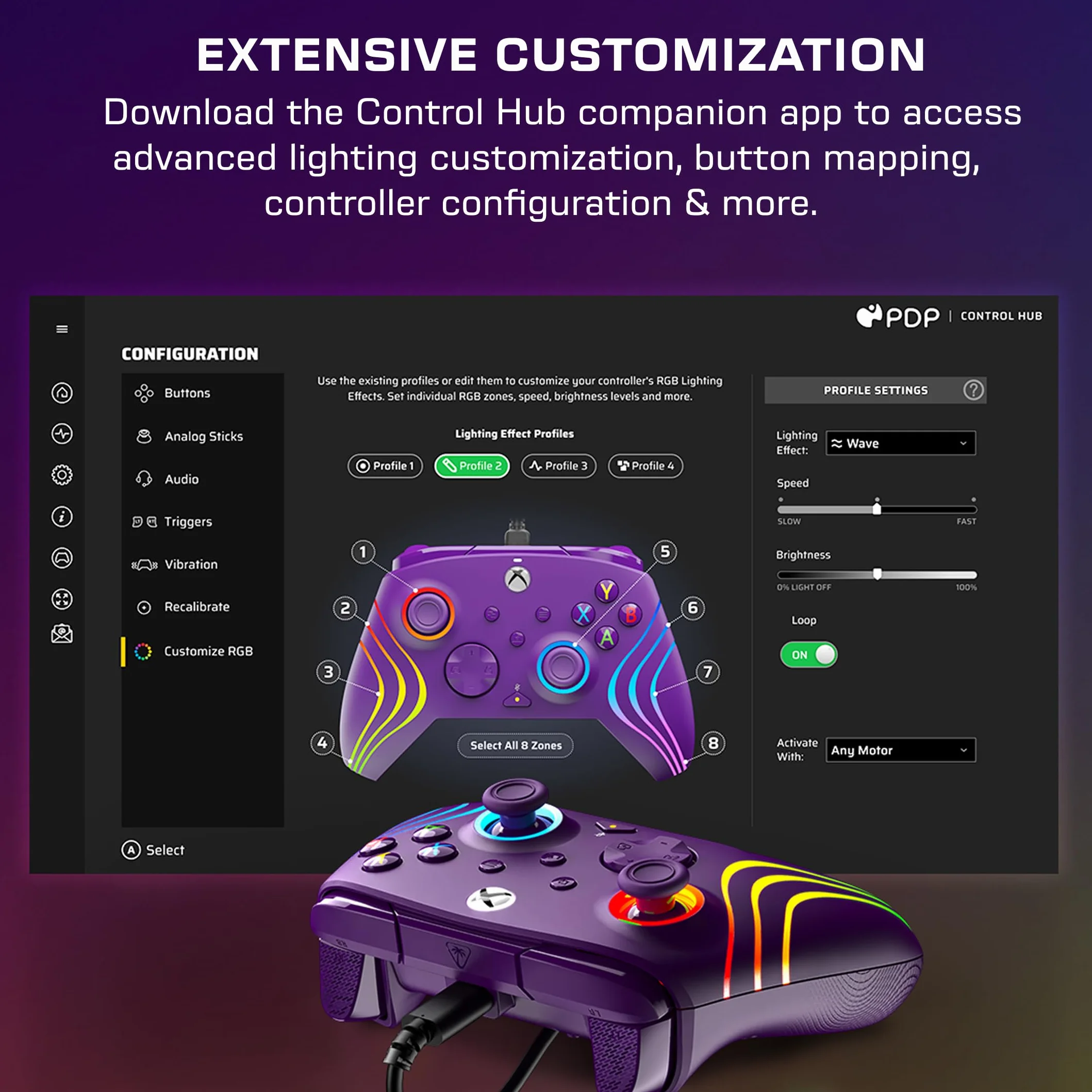 Turtle Beach Afterglow Wave Kontroler do gier RGB na przewodach w kolorze fioletowym – Licencjonowany dla Xbox Series X lub S, Xbox One i Windows