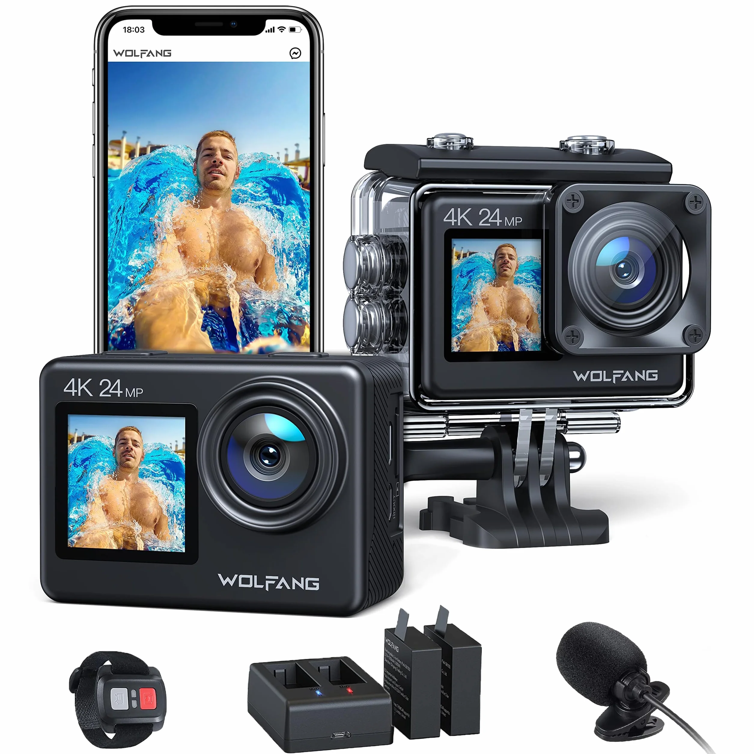 WOLFANG GA200 Action Cam 4K 24MP Podwodna kamera WiFi 40M Wodoodporny stabilizator obrazu EIS Ekran dotykowy Kamera na kask 170° Kamera szerokokątna (pilot, 2 baterie i zestaw akcesoriów)
