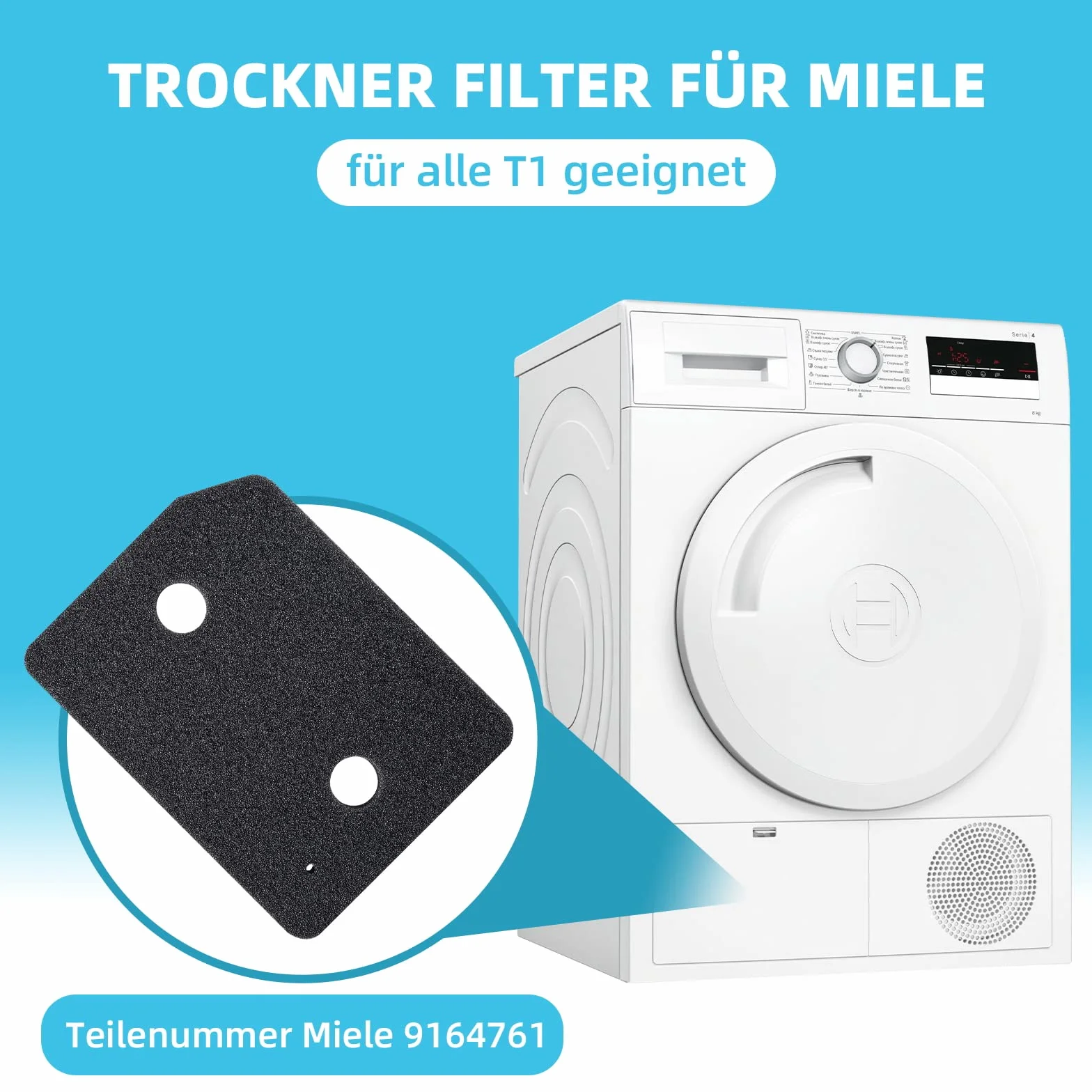 4 sztuki filtrów 9164761 do suszarki Miele T1 Seria z pompą ciepła, filtr drobny/gruby 207 x 157 x 30mm do dna suszarki do prania