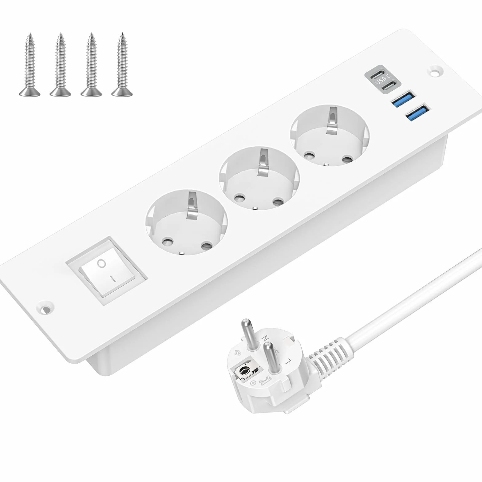 Blat wpuszczane gniazdko z USB C, 3 gniazda do zabudowy, listwa zasilająca z przełącznikiem, gniazdko stołowe, z kablem 2 m, do stołu konferencyjnego, blatu roboczego, stolika kawowego (biała)