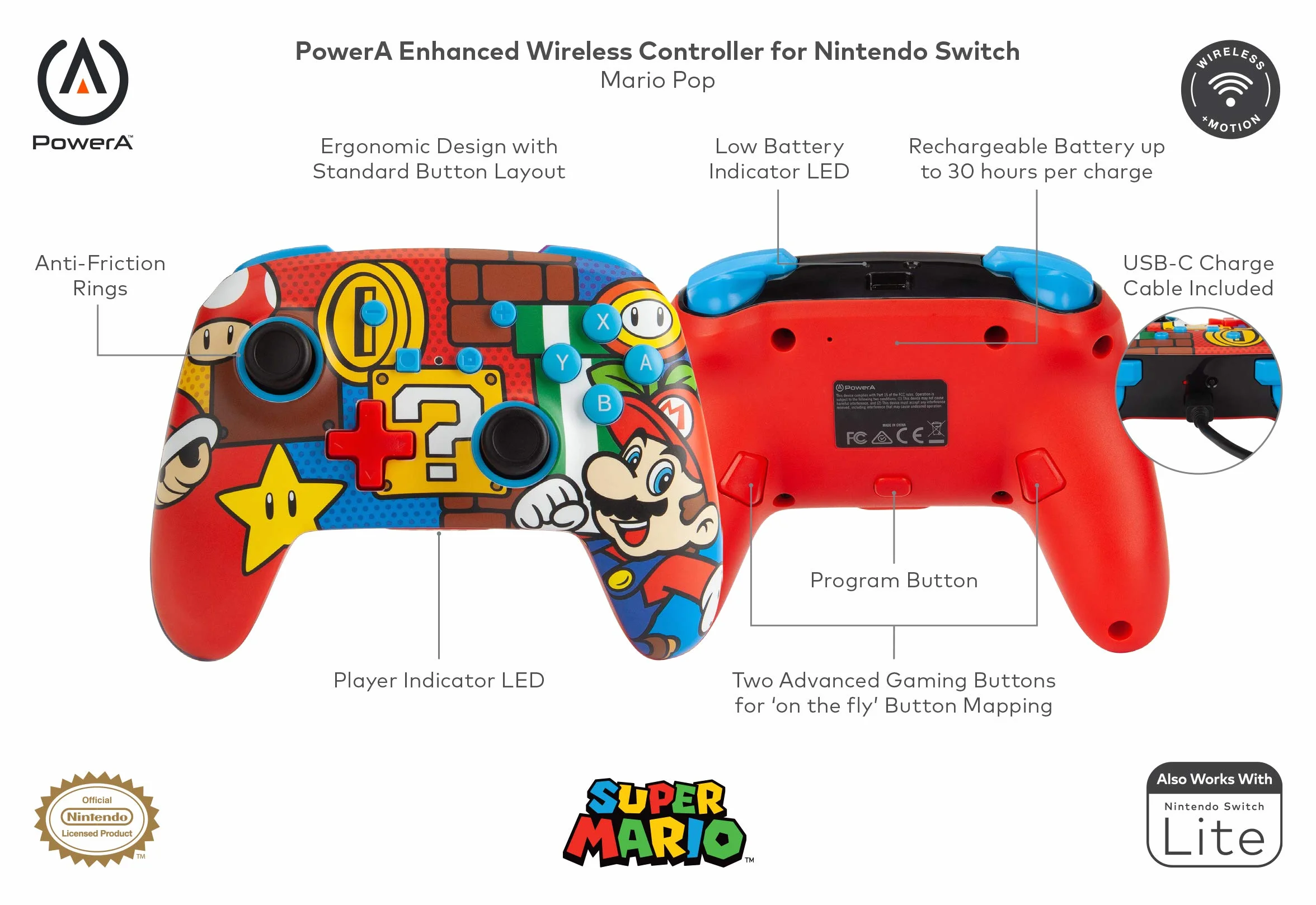 PowerA Bezprzewodowy Kontroler Mario Pop do Nintendo Switch, Switch Lite, Gamepad Bluetooth