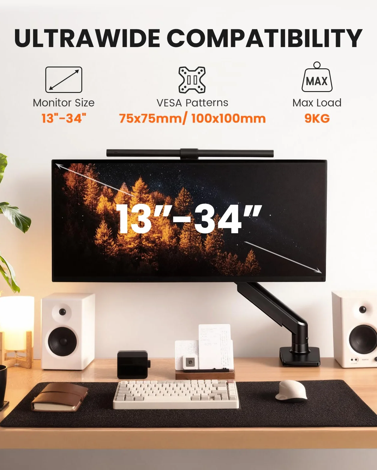 ErGear Uchwyt biurkowy do monitorów 13–34 cale [Wersja ulepszona – koniec z opadaniem] Ramię z szybkim montażem bez narzędzi, do 9 kg, z zarządzaniem kablami, VESA 75 i 100 mm