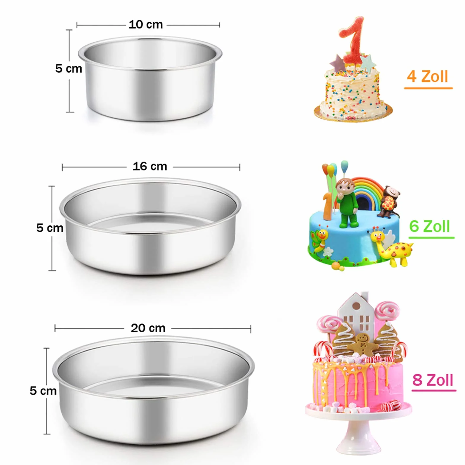 TEAMFAR okrągła forma do pieczenia ciast, zestaw 3 sztuk, ze stali nierdzewnej, Ø 10/16/20 cm, zdrowa, nietoksyczna, polerowana na wysoki połysk, łatwa do czyszczenia, nadaje się do mycia w zmywarce