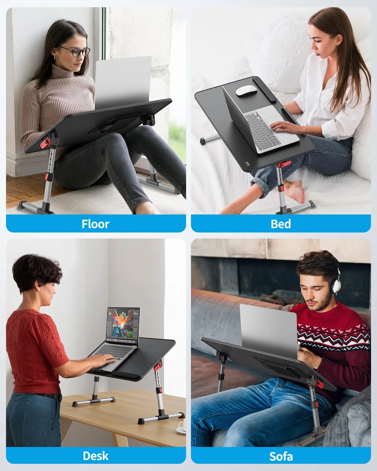 SAIJI stolik chłodzący, biurko z przyłączem USB, stolik do spania z wentylatorem, regulowana podstawka na laptopa, składany stolik na sofę, łóżko, podłogę, śniadanie, naukę, czytanie (52 x 30 cm