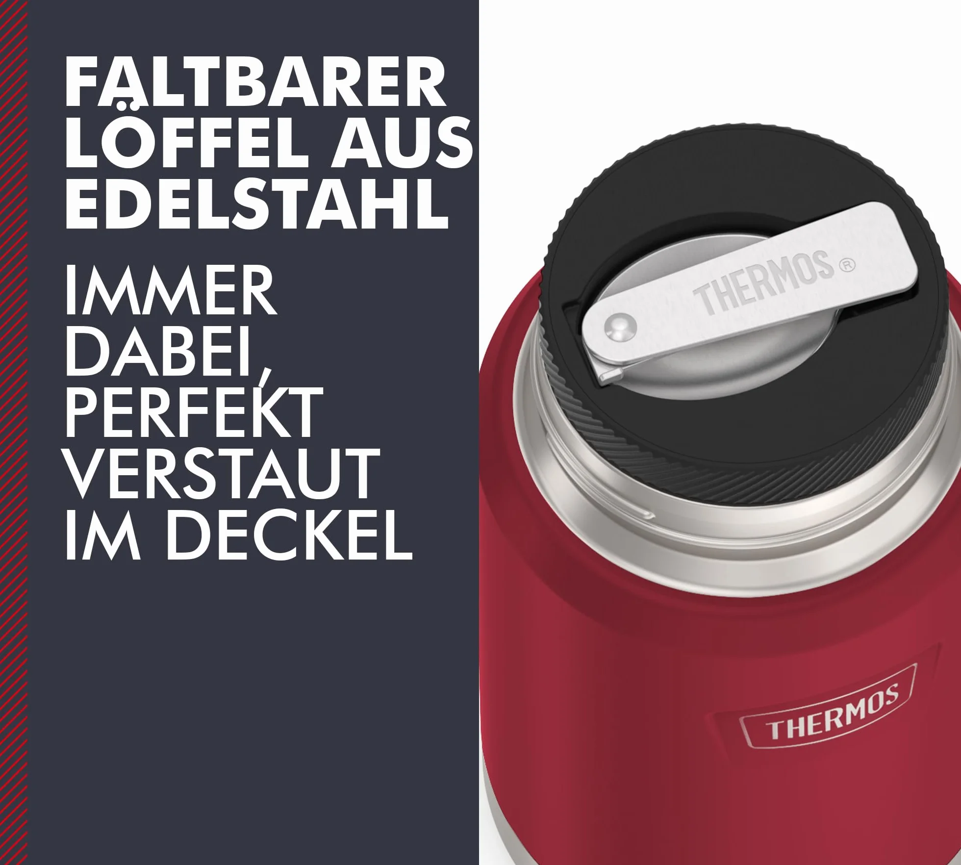 Thermos ICON Food Jar 0,71 l, czerwony/jagodowy mat, naczynie na jedzenie 710 ml, podwójne ścianki ze stali nierdzewnej 18/8, utrzymuje ciepło i zimno, ze składaną łyżką, antypoślizgowe dno,