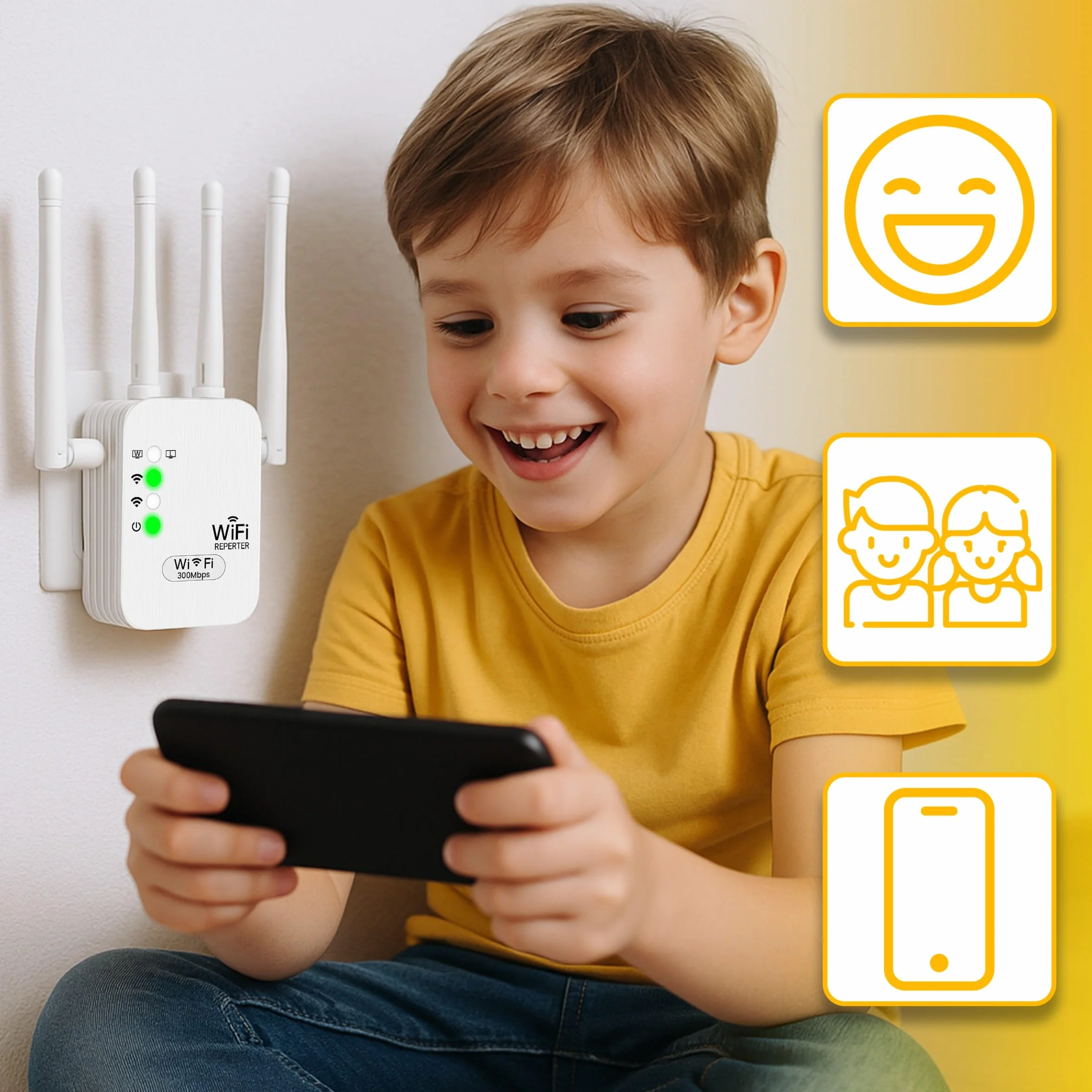 Retoo wzmacniacz sygnału Wi-Fi N 300 Mbit/s 2,4GHz 4 anteny repeater router tryb Access Point Modus WPA/WPA2 WPS funkcja EU wtyczka Biały prosty montaż dla stabilnego połączenia internetowego