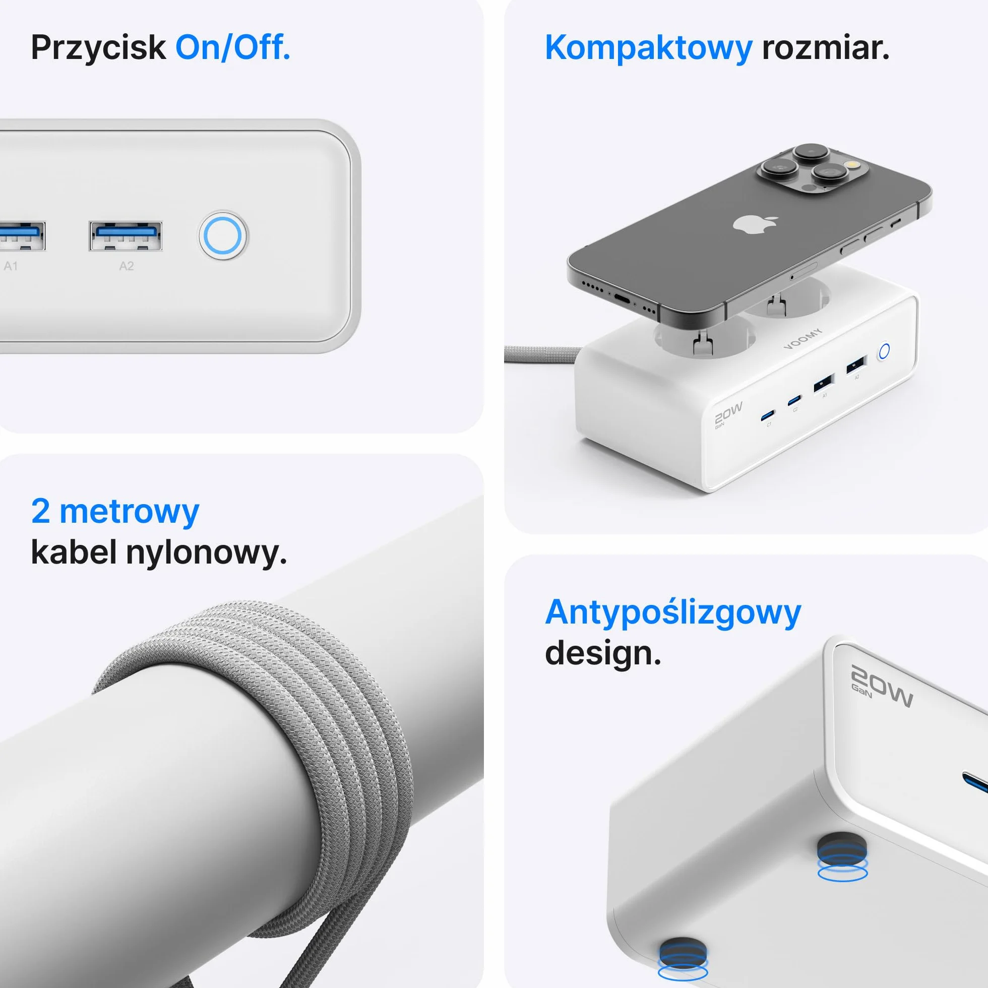 Voomy Listwa Zasilająca z Portami USB 20W, Ochrona przed Przepięciami, Przeciążeniem i Zwarciem, Zabezpieczenie Bezpieczeństwa, 2 Metry (Biały)