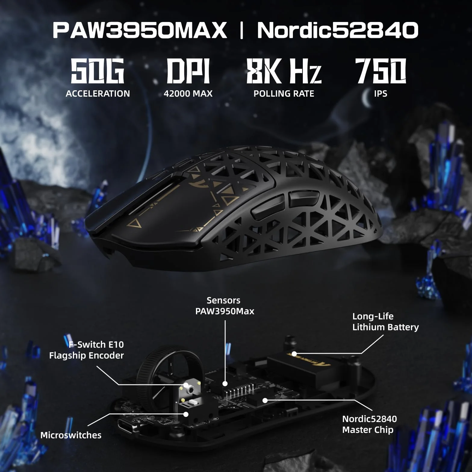 ATTACK SHARK R5Ultra Bezprzewodowa Mysz Gamingowa HyperSpeed Włókna Węglowego, 39g Ultralekkie Myszy, 2,4 GHz/BT/USB-C Przewodowa, Czujnik PAW3950MAX, Bezprzewodowego 8000Hz, 42000DPI, Win/Mac-Czarny