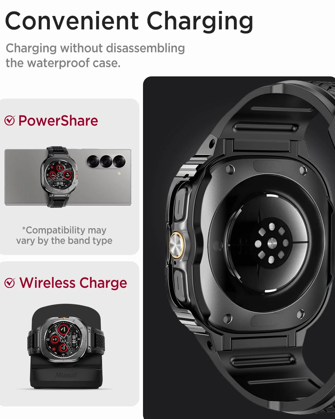 Miimall Jednoczęściowy pasek z etui do Samsung Galaxy Watch Ultra 47 mm, silikonowy pasek z obudową ze stali nierdzewnej i metalową klamrą, pełna ochrona Samsung Watch Ultra pasek i etui dla mężczyzn