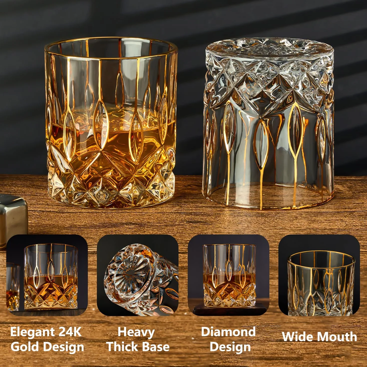 GLASKEY Zestaw 2 Szklanki do Whisky 320 ml Staromodne Kieliszki ze Złotym Rantem