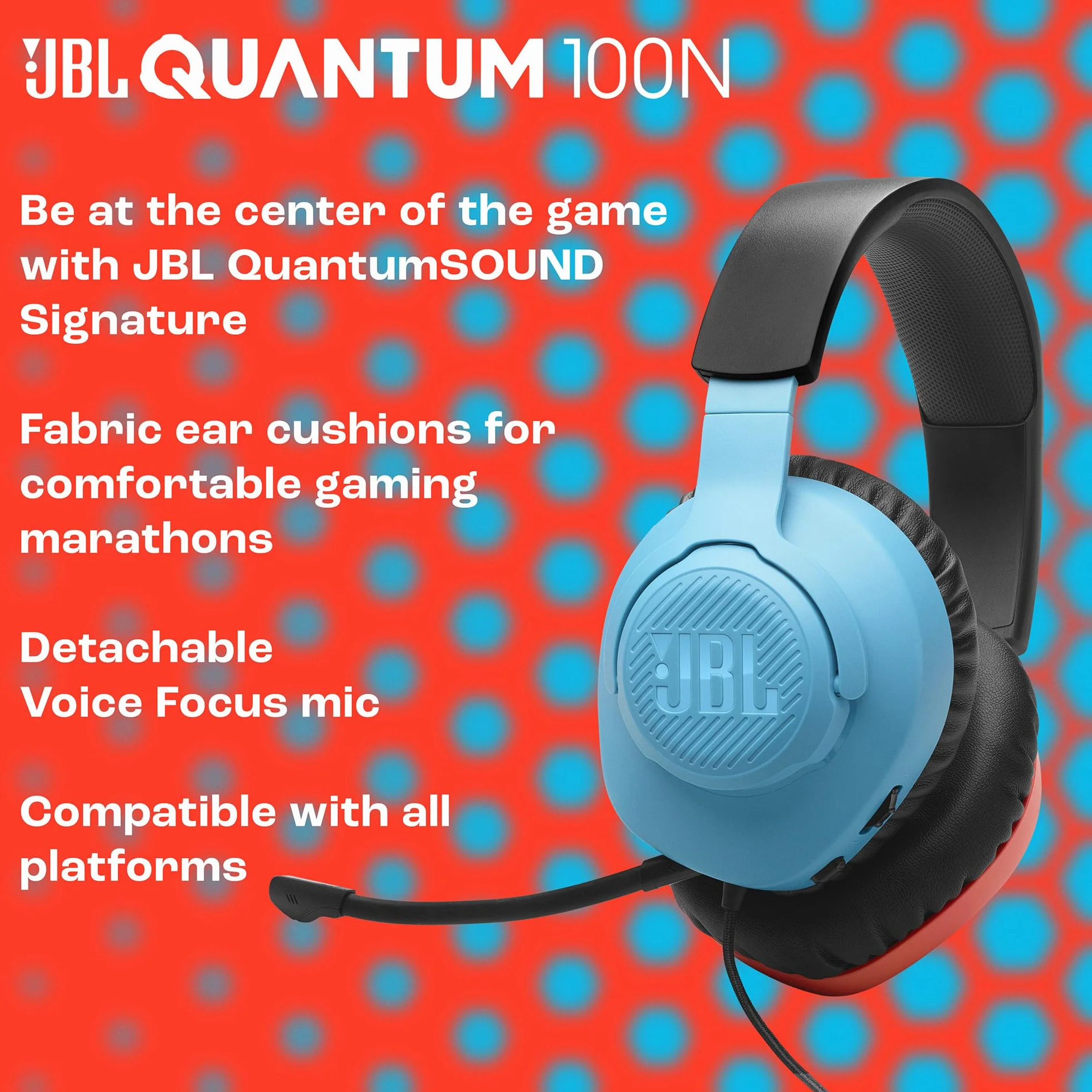 JBL Quantum 100 N Słuchawki Nauszne Przewodowe do Gier z Odchylanym Mikrofonem, JBL QuantumSURROUND, Kompatybilne z Wieloma Platformami i Dźwiękiem Przestrzennym Windows Sonic, Niebiesko-czerwone