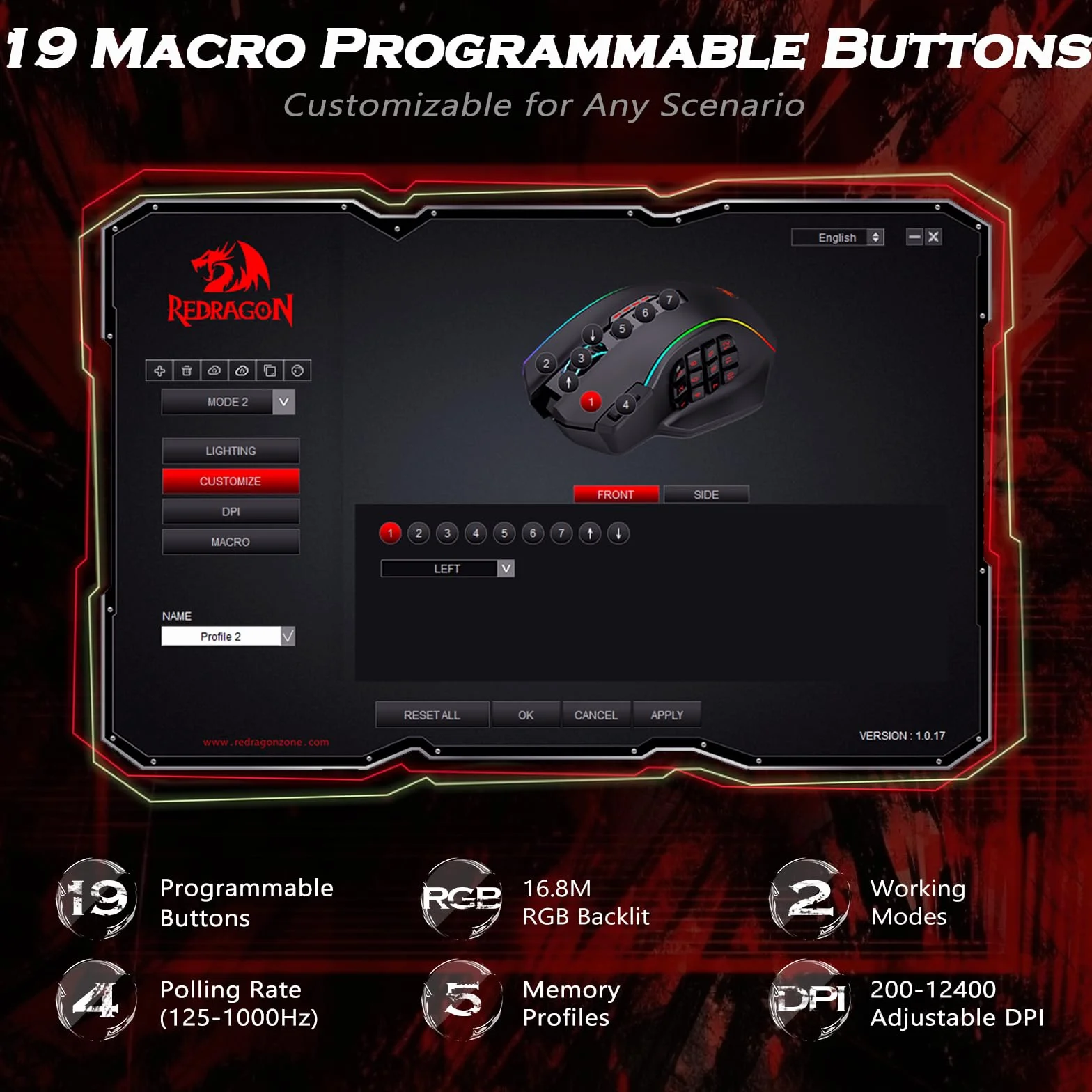 Redragon M901K MMO Gaming Mouse 16,000 DPI, 16 Programmable Buttons, RGB, 8x2.4g Weight Tuning, Black