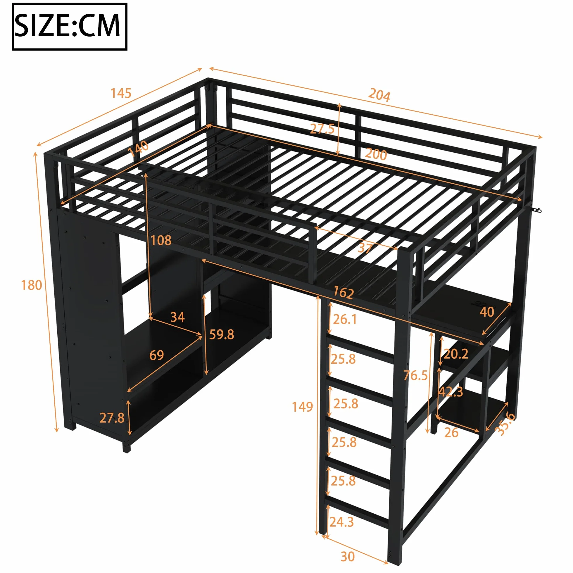 Metalowe Łóżko Piętrowe 140x200 cm z Efektem LED, Łóżko z Biurkiem i Prostymi Schodkami, Otwartą Szafą na Ubrania i Wieloma Przegrodami, Łóżko dla Młodzieży w Stylu Gamingowym, Czarne