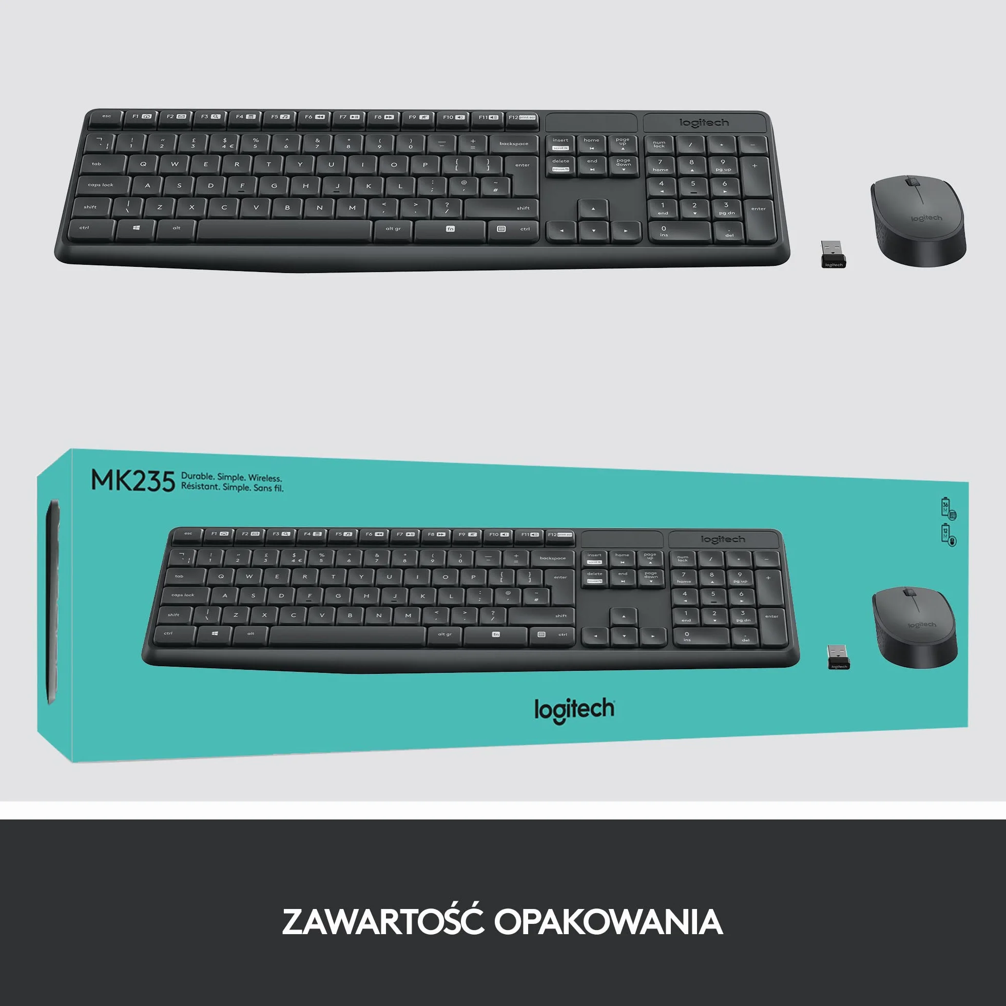 Logitech MK235 Combo Bezprzewodowy Zestaw Klawiatura i Mysz dla systemu Windows, łączność 2,4 GHz, odbiornik USB, 24 miesiące pracy na baterii, PC, laptopem, QWERTY układ US Intl - Szary