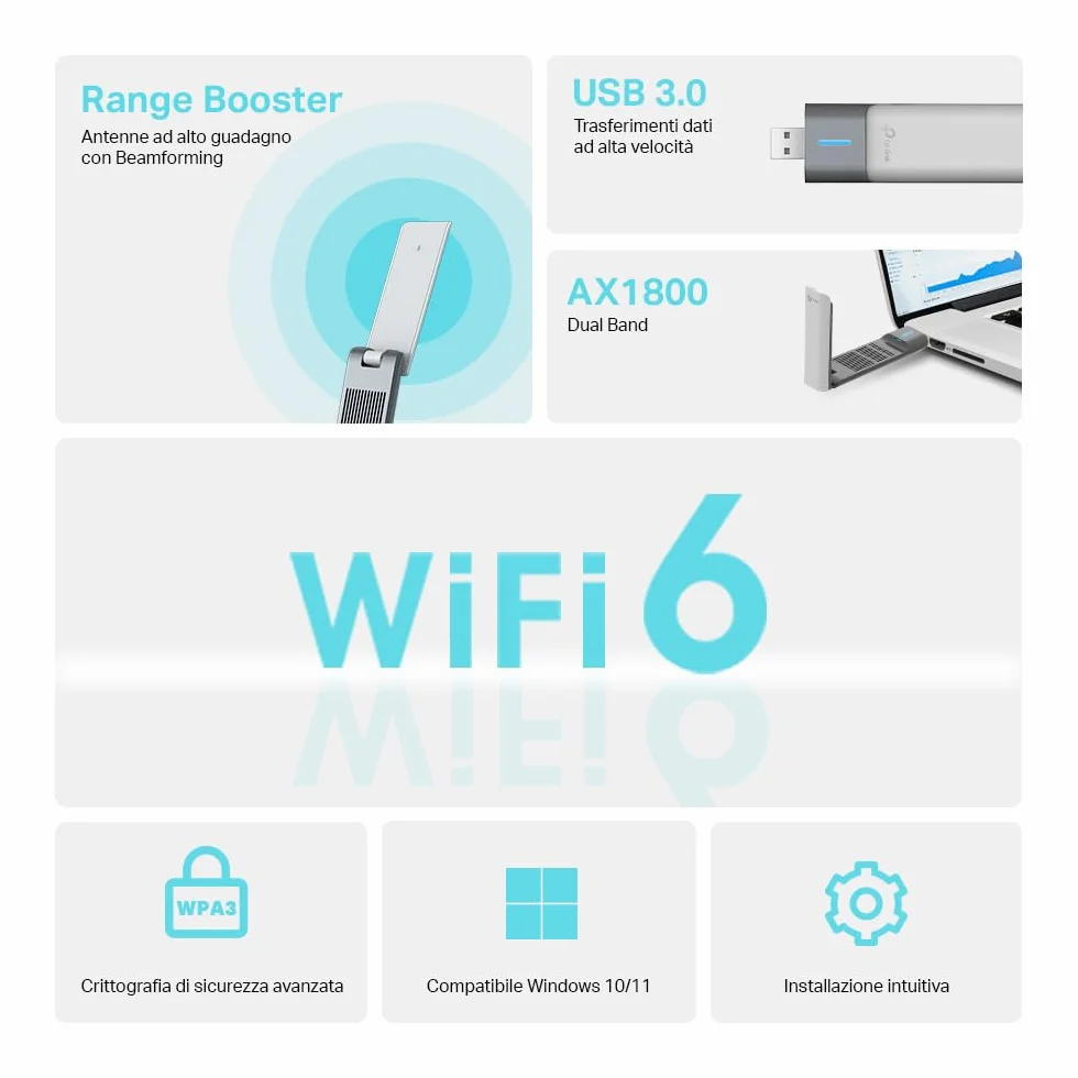 TP-Link Archer TX20UH – Adapter USB WiFi 6 AX1800 Dwuzakresowy, USB 3.0, Anteny o Wysokim Zysku, MU-MIMO, Zabezpieczenia WPA3, Windows 11/10