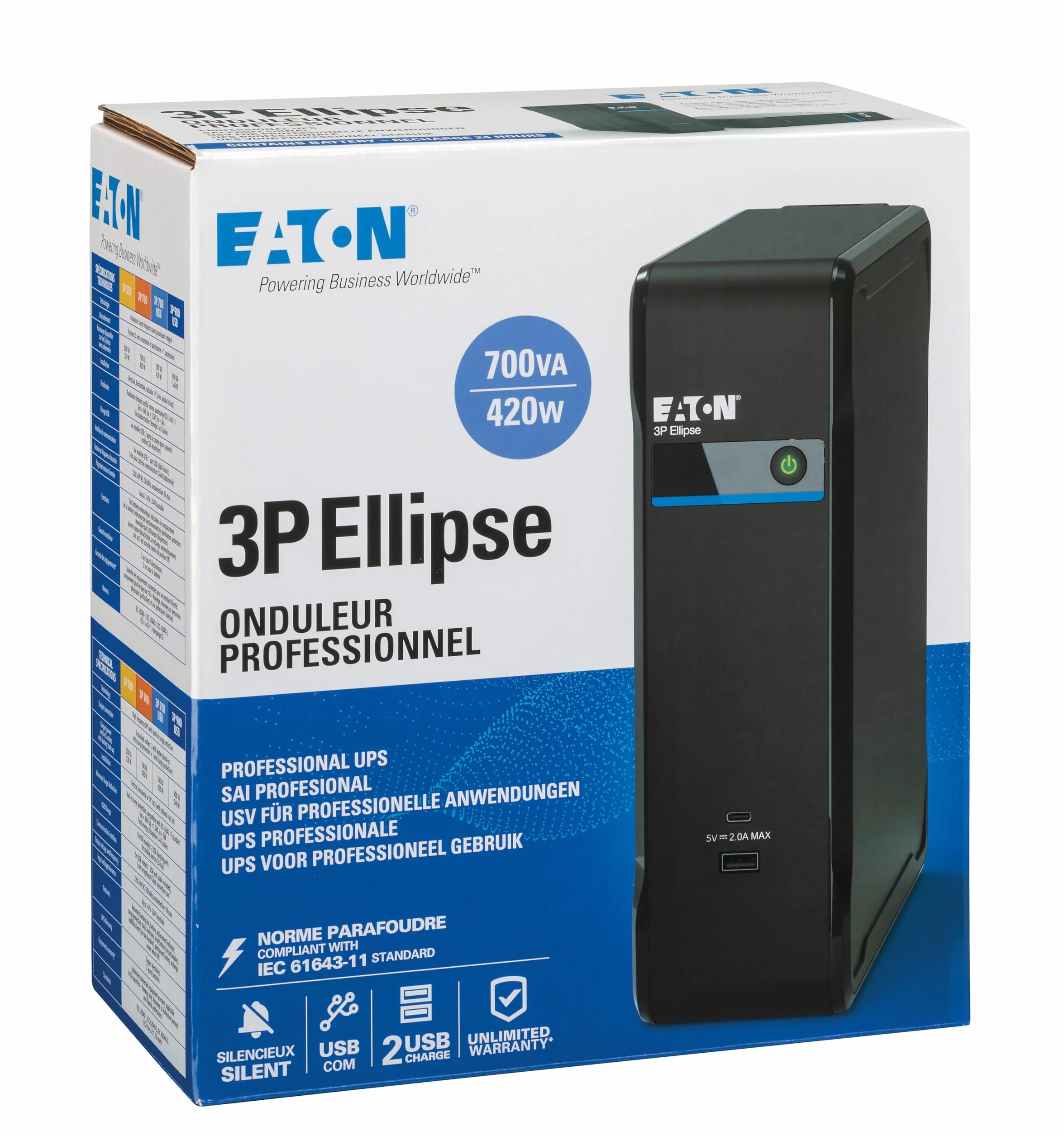 Eaton UPS 3P Ellipse (3P700UF) - zasilacz bezprzerwowy Off-Line - 700 VA/420 W - 4 gniazda FR (3 baterie + tylko przepięcie i 1 przepięcie) - 2 porty ładowania (USB-A i USB-C) - interfejs USB - cichy
