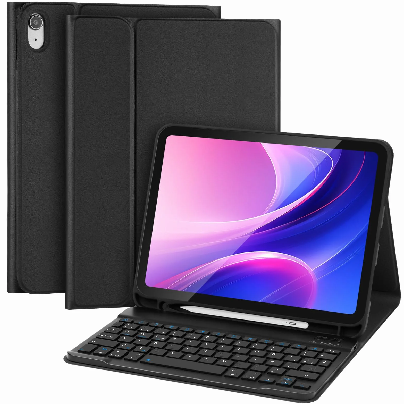 AXFEE Klawiatura Bluetooth, do iPada 10., 10,9", ultracienka bezprzewodowa klawiatura, do systemu Android, Windows, PC, tabletu, z etui na klawiaturę, czarna, wersja normalna, wersja hiszpańska