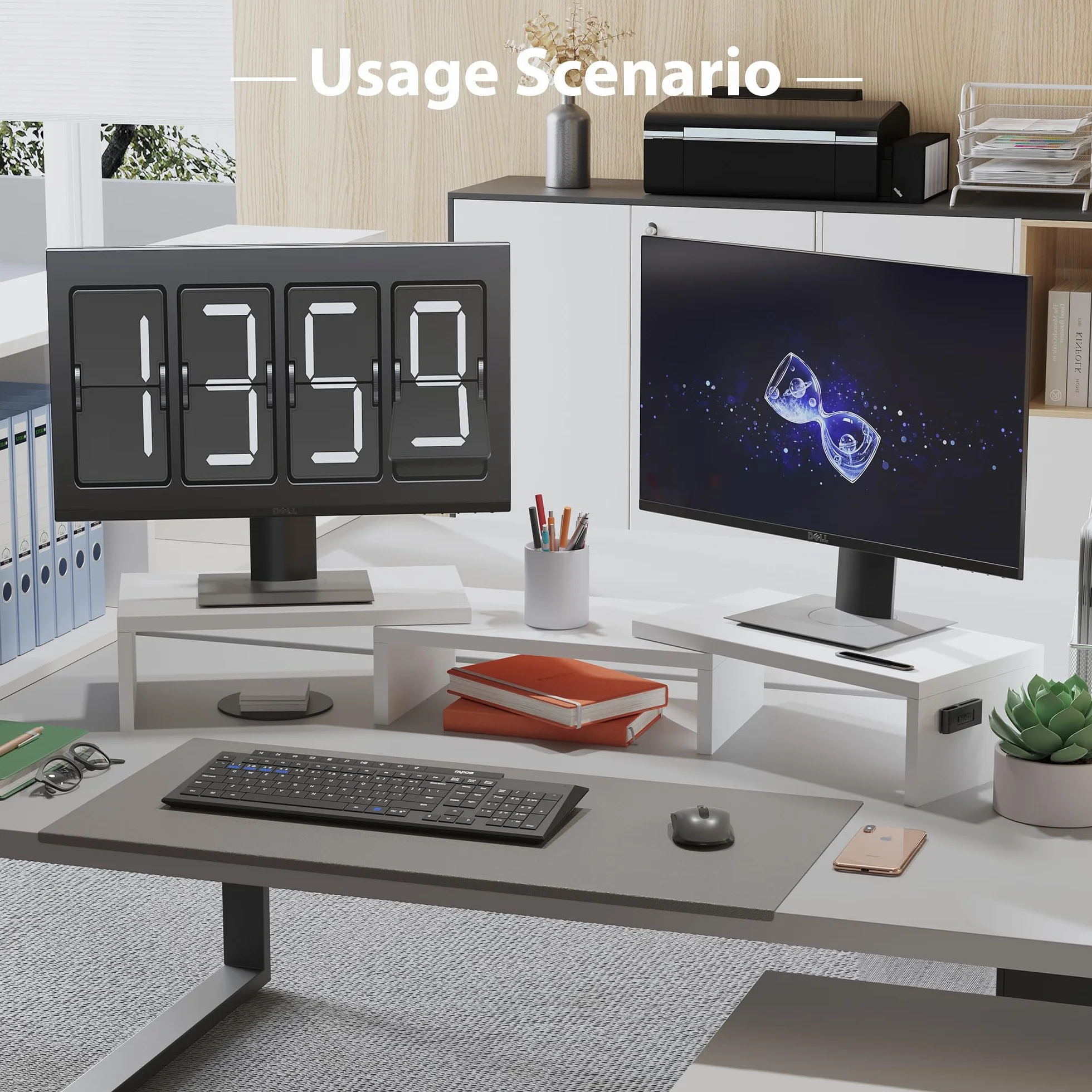 BONTEC Stojak na Podwójny Monitor Riser, Drewniany Biurkowy Stojak z Uchwytem na Smartfon, Regulowana Długość i Kąt Obrotu, Ergonomiczny Organizer na Biurko do PC, Laptopa, Drukarki, Biały