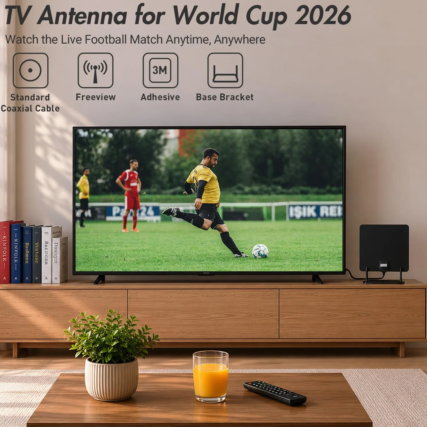 August DTA450 -Wewnętrzna antena do Freeview TV - cyfrowa przenośna telewizja płaska antena DVB-T DVB-T2 dyskretna wysoki zysk ze stojakiem i kablem 3m