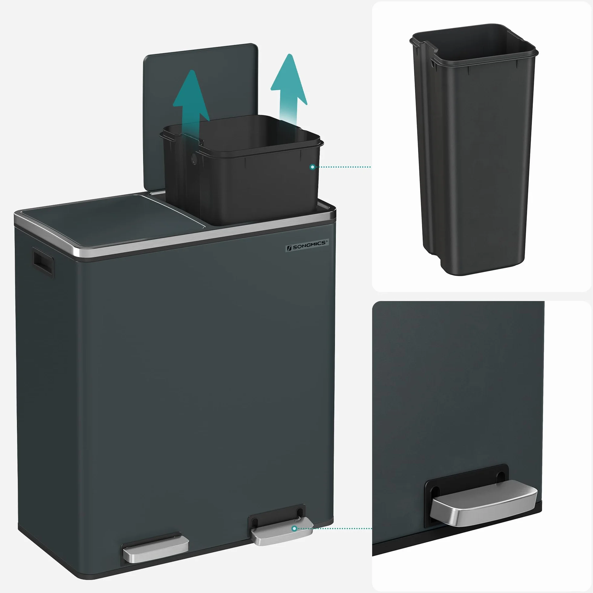 SONGMICS Kosz na śmieci z podwójną komorą 2 x 30 l, antracytowy szary LTB60GS