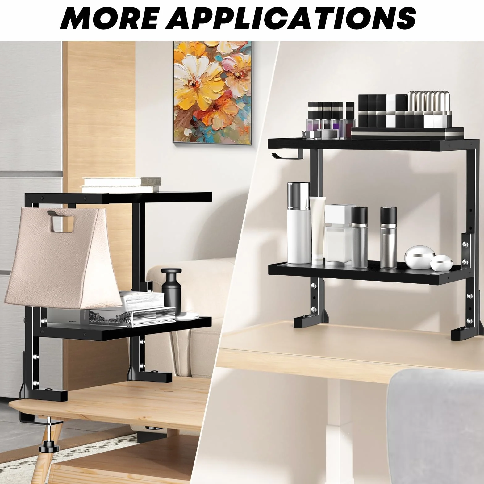 PUTORSEN Półka do Przechowywania Nad lub Pod Biurkiem, 38 cm, 2-Poziomowa Półka na Akcesoria Stołowe, Urządzenia do Gier, Regulowany Stojak dla Kuchni lub Biura, Czarny