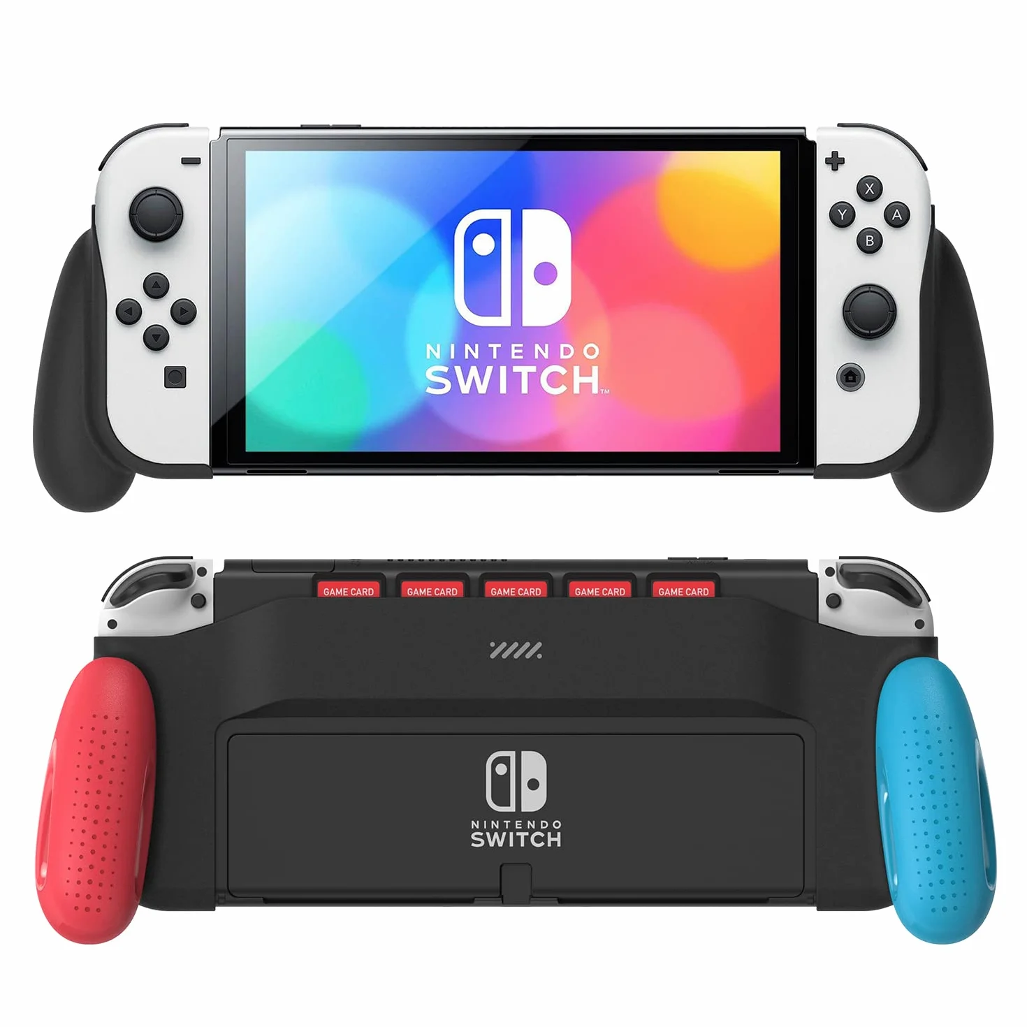 Etui z uchwytem kompatybilne z modelem Nintendo Switch OLED, unikalne, ulepszone, zaprojektowane z 5 przegródkami na gry, wygodne i ergonomiczne akcesoria do przełączników