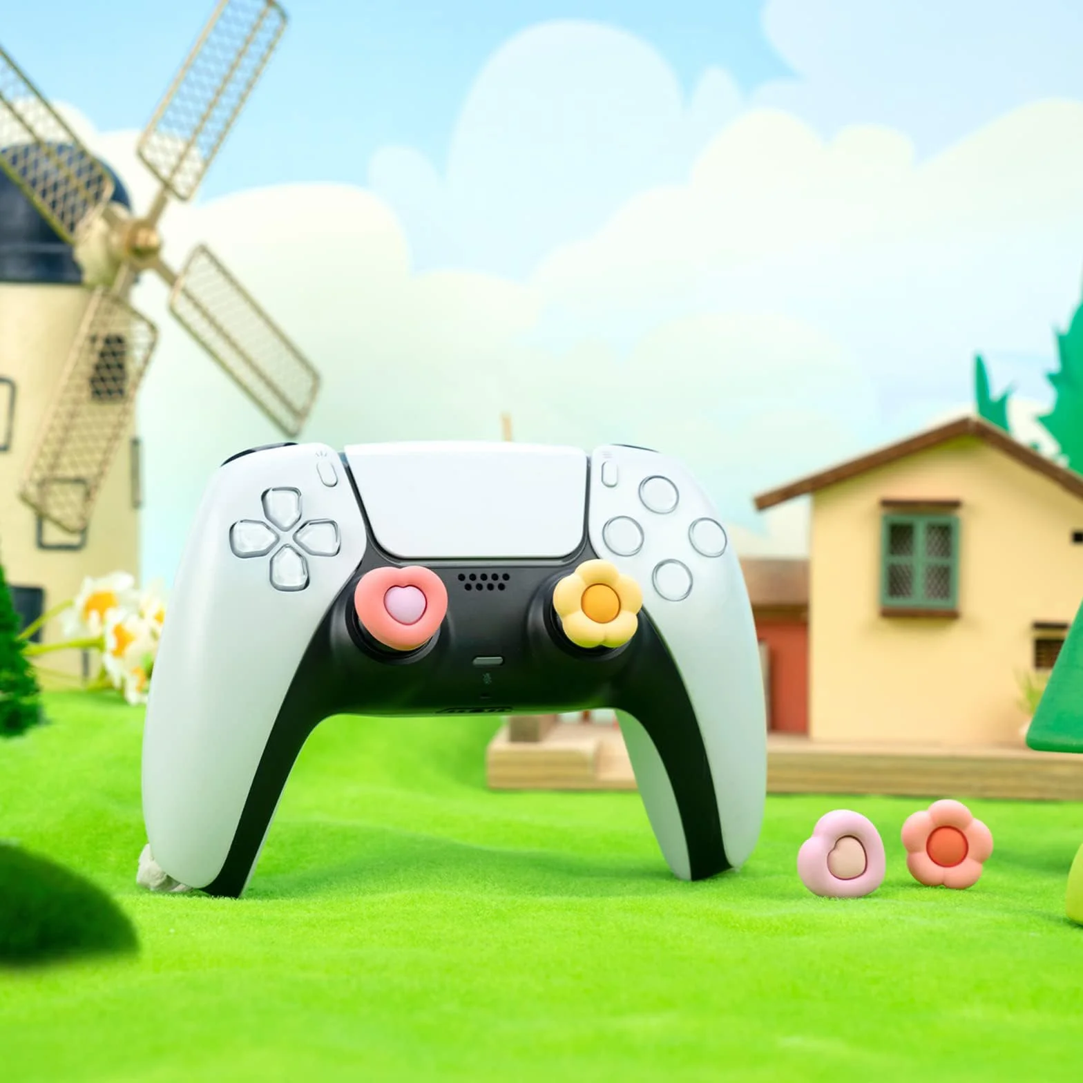 GeekShare Śliczne nakładki na kciuki do kontrolera PS5, zestaw osłon na gałki od kciuka kompatybilny z kontrolerem Switch Pro i kontrolerem PS4 PS5, 4 szt. - serce i kwiat