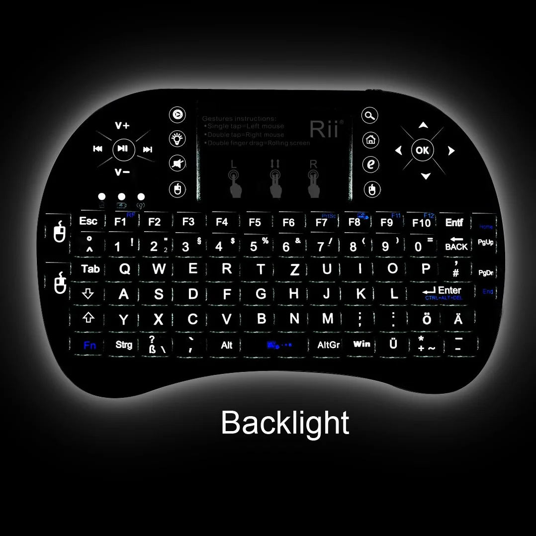 Rii Mini i8+ Wireless (QWERTZ) – mini podświetlana klawiatura z podkładką pod mysz Multi-Touch do Smart TV, mini PC, HTPC, komputerów i gier konsolowych