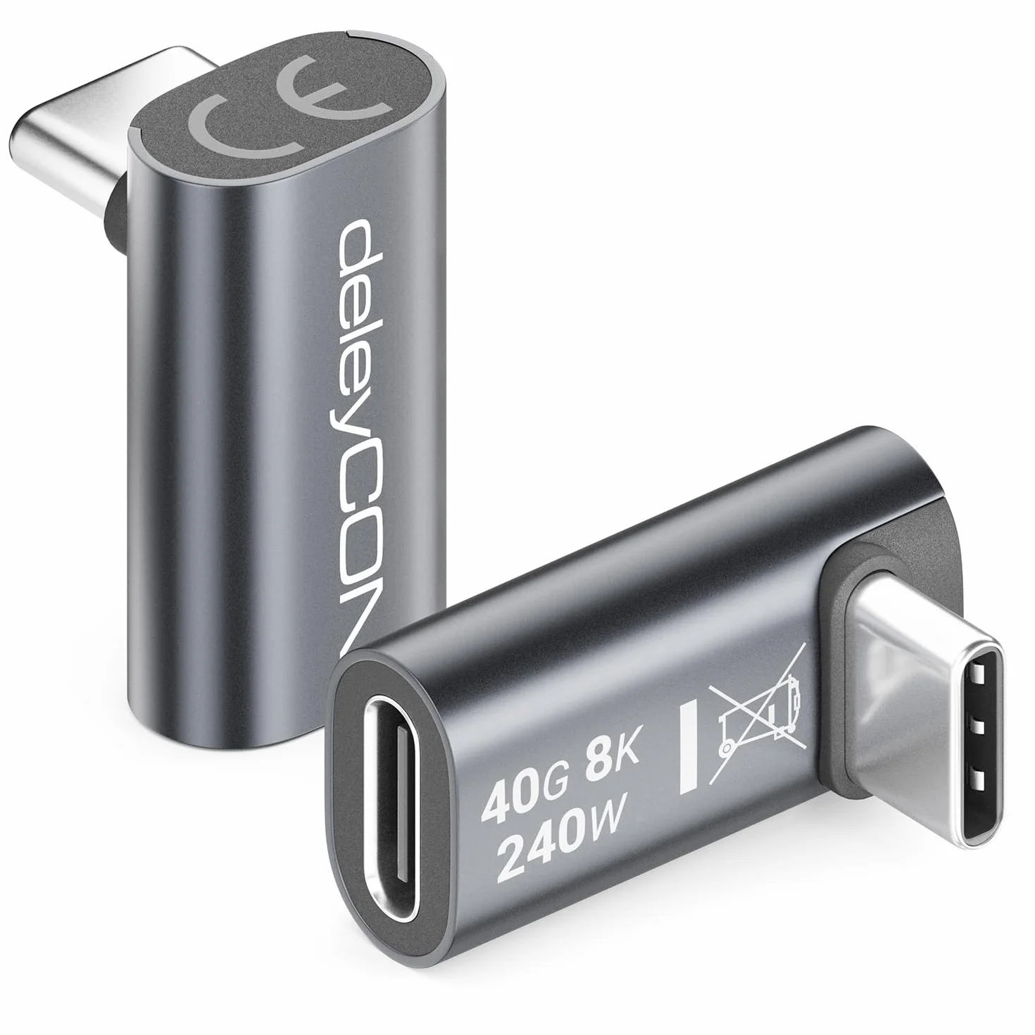 deleyCON Adapter USB-C Kątowy 90° (2 Szt.) - 40 Gbps, 240 W, 8K60Hz, USB 4.0, Aluminiowa Obudowa, Wtyk C do Gniazda C - do Smartfona, Tabletu, Laptopa, MacBooka, PS5 itp.