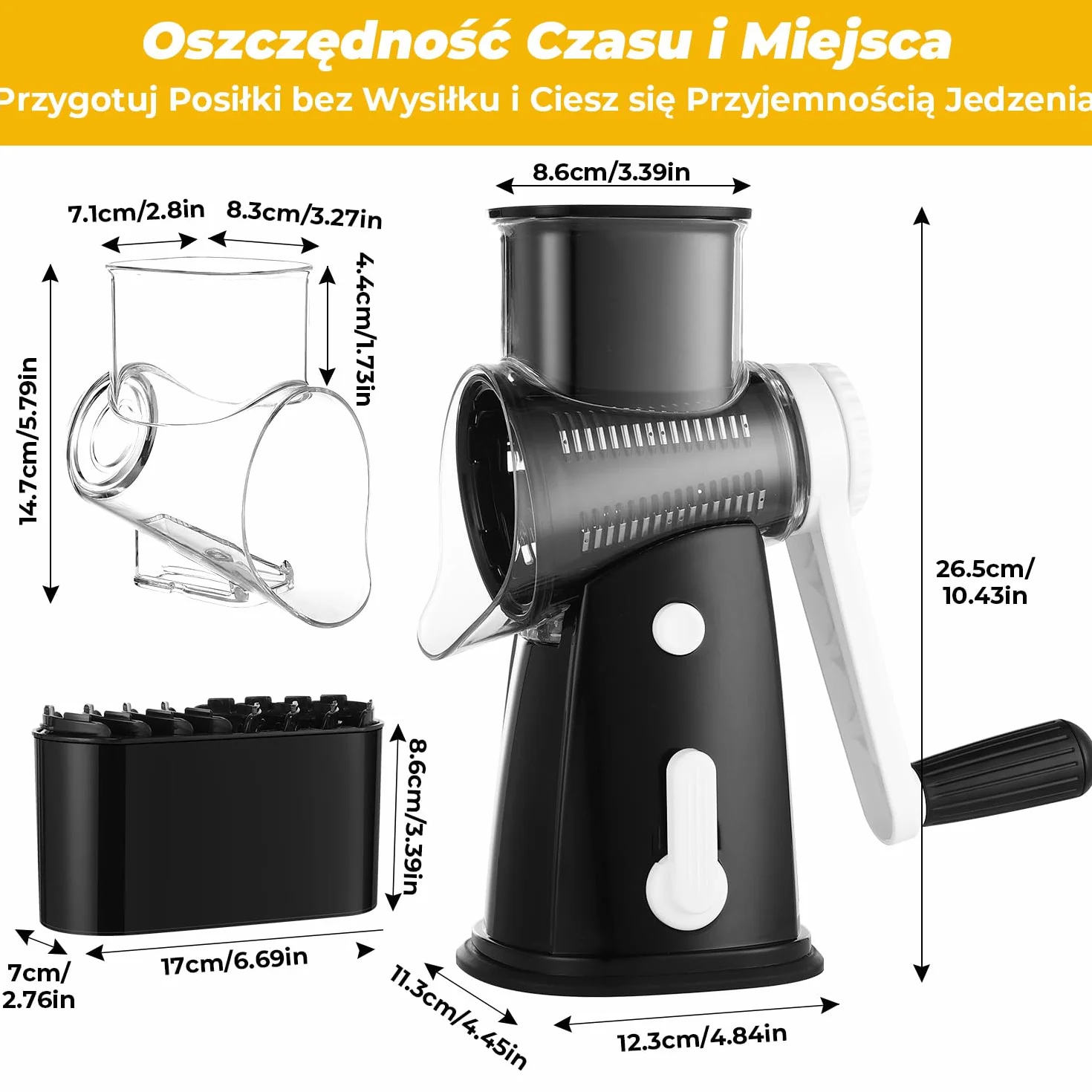 Tarka z kurbelką, tarka do warzyw z 5 wymiennymi bębenkami, tarka do warzyw idealna do sera, ogórków, marchewek, orzechów, tarka bębnowa umożliwiająca szybsze i łatwiejsze cięcie