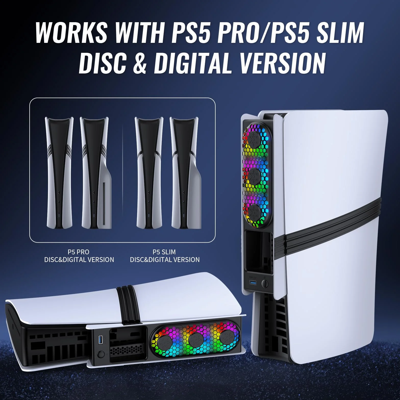 Wentylator chłodzący do konsoli PS5 Pro/Slim - szybkie chłodzenie z automatyczną regulacją temperatury, niski poziom hałasu, oświetlenie RGB i port USB 3.0 dla graczy i entuzjastów konsol,