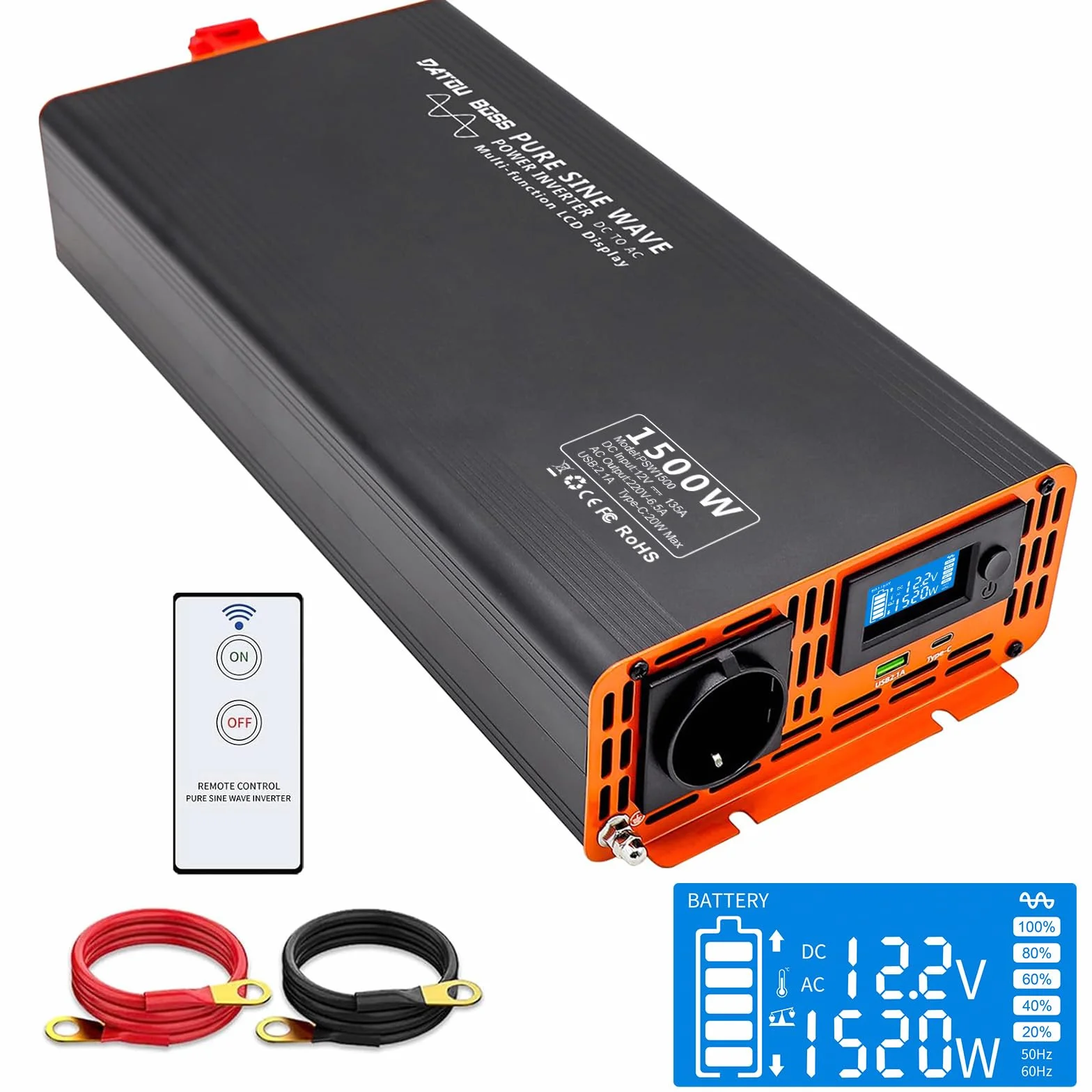 DATOUBOSS Przetwornica 12v 230v Czysty Sinus 1500W/3000W konwerter samochodowy falownik z pilot zdalnego sterowania i wyświetlaczem LCD 1 gniazda AC-pilot zdalnego i 1 x port USB 1X Port type-C