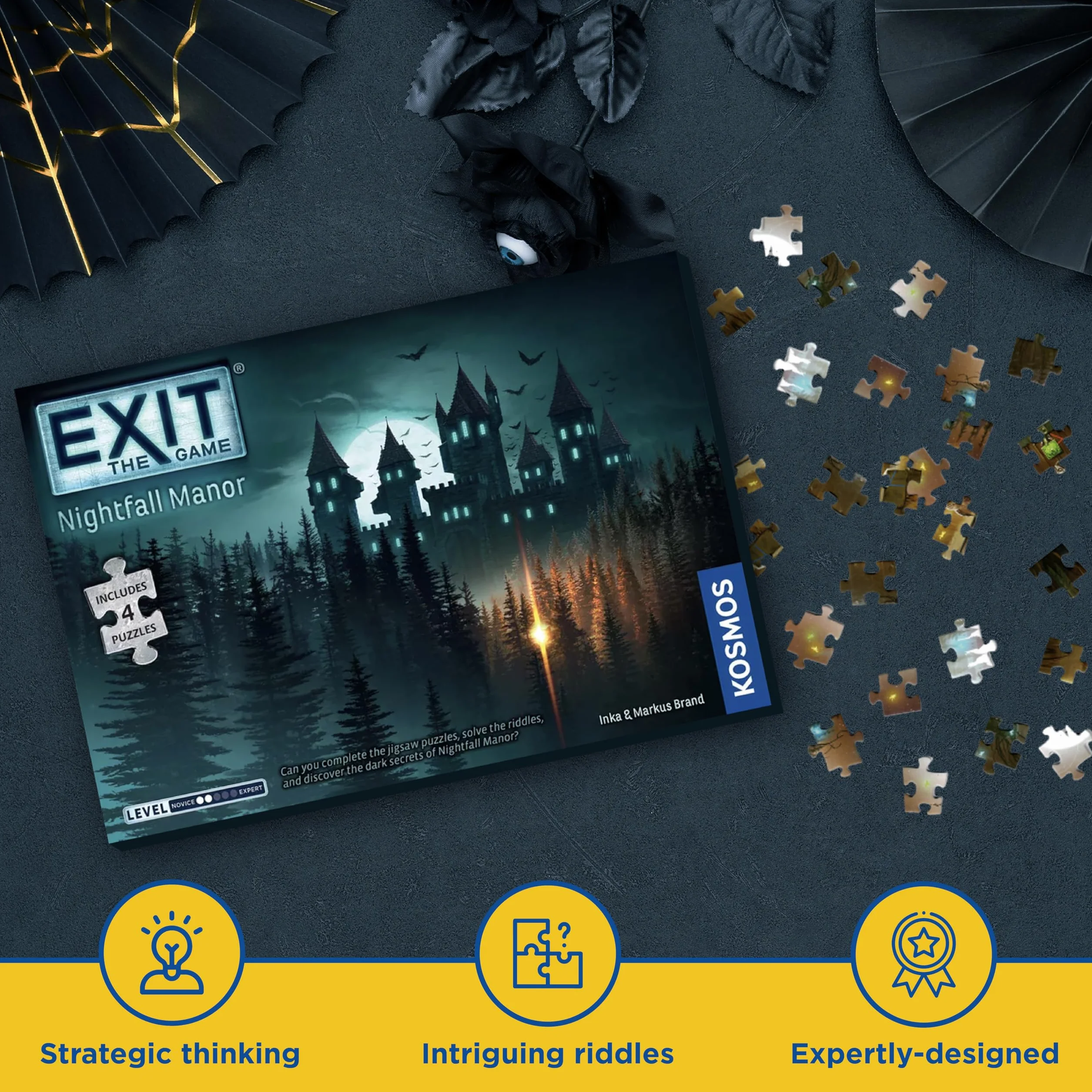 Thames & Kosmos EXIT: Nightfall Manor, Escape Room Gra z 4 puzzlami, gry rodzinne na wieczór gier, gry planszowe dla dorosłych i dzieci, dla 1-4 graczy, od 10 lat