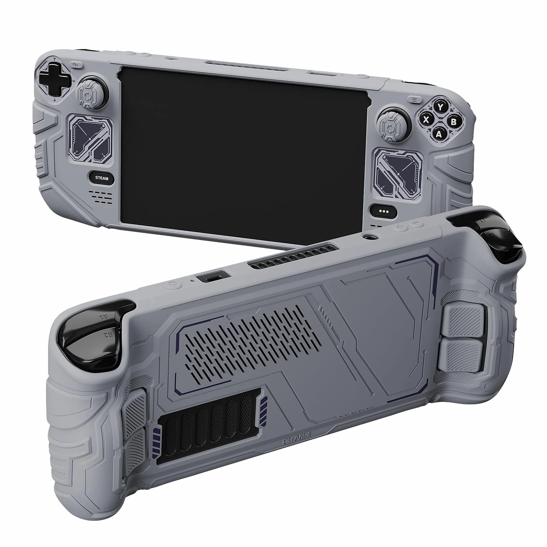 PlayVital Etui do Steam Deck OLED & LCD z Przyciskami Tylnymi & Nakładkami Joystick & Naklejkami,Silikonowy Pokrowiec do Steam Deck Akcesorium Ochronne– Szary Mécha