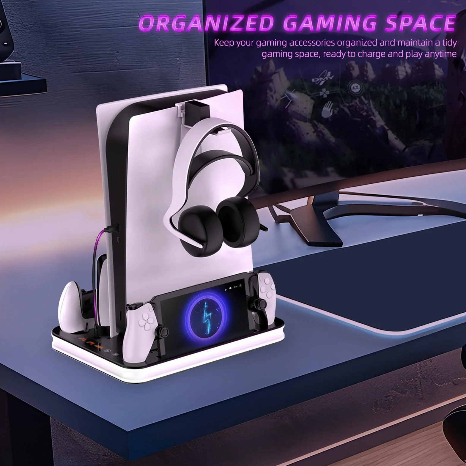 PS5/PS5 Slim stojak z wentylatorem chłodzącym, podstawa chłodząca do PS5 z 3 poziomami wentylatora/lampkami LED/haczykiem na słuchawki, akcesoria do PS-5/PS-5 Slim