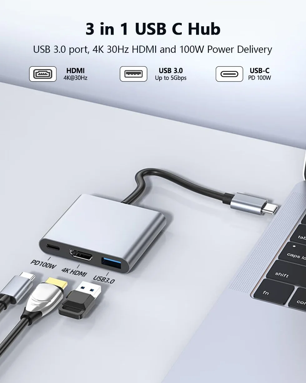 USB C Hub 3 in 1 Multiport Adapter 4K HDMI, 100W Power Delivery, USB-A Data Port, USB 3.0 USB C Dongle for MacBook Pro/Air, iPad Pro, iMac, iPhone 17, Thinkpad, Steam Deck, Samsung Galaxy Dex, Tablet