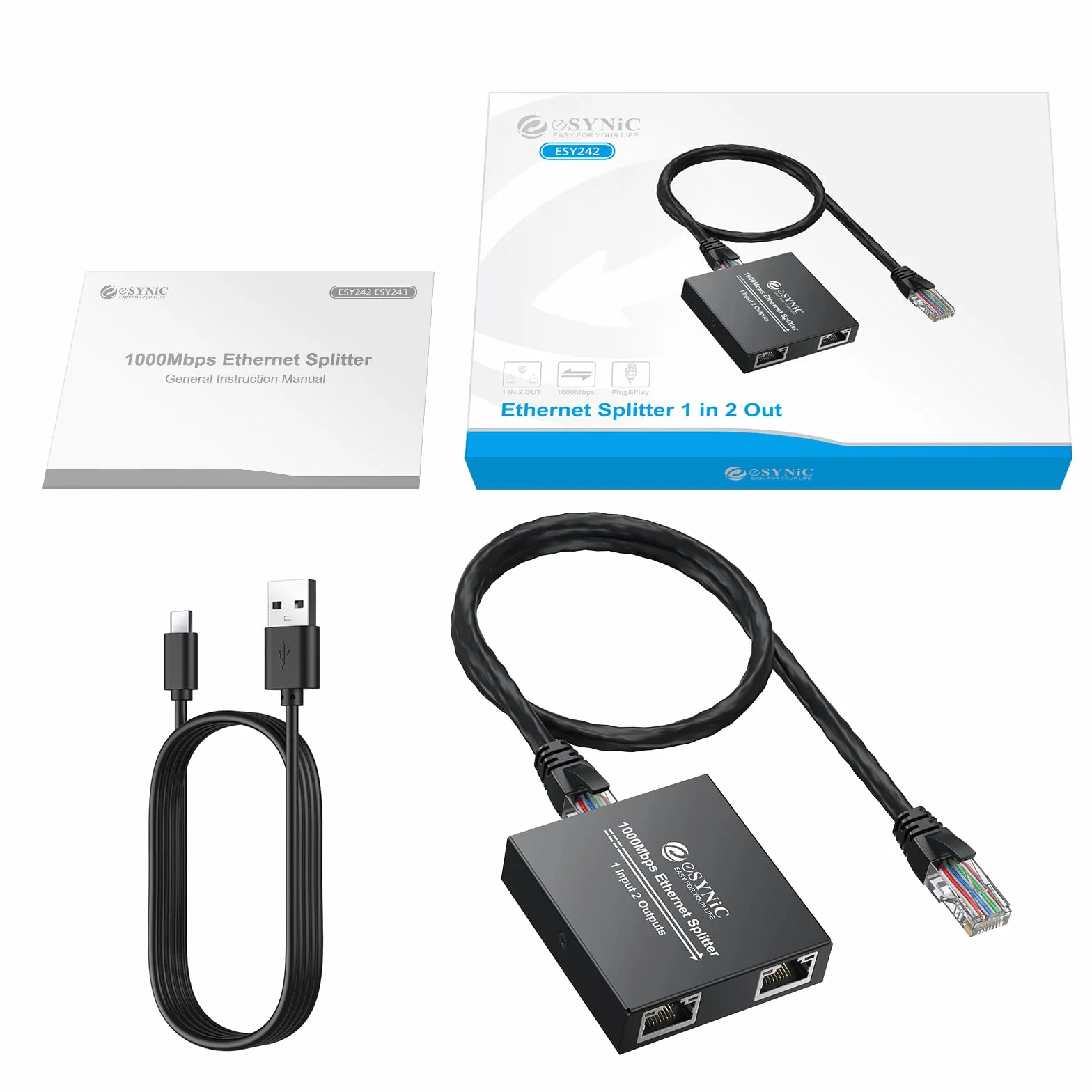 eSynic Gigabit Ethernet rozdzielacz 1 w 2 wyjściach z kablem sieciowym 0,5 m, przełącznik rozdzielacza RJ45 LAN 1 do 2 portów 100 Mb/s z kablem sieciowym typu C, 1X2 obsługuje kable Cat5/5e/6/7/8