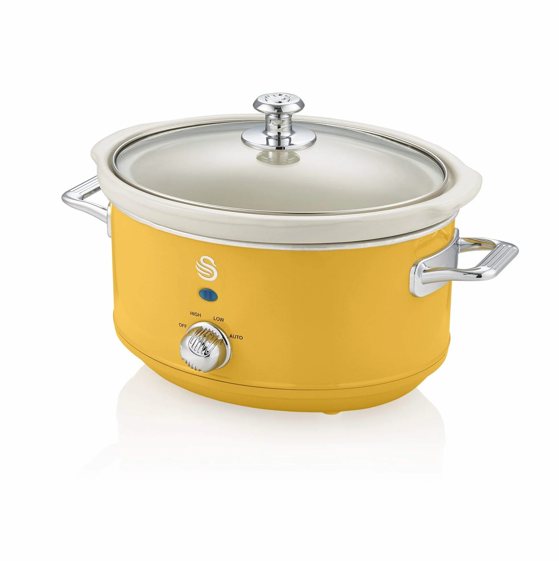 Swan Retro Żółty 3,5 l, wolnostojący piekarnik, 3 ustawienia temperatury, funkcja utrzymywania ciepła, wyjmowany ceramiczny garnek wewnętrzny, 32 strony książka z przepisami 200 W, SF17021YELN