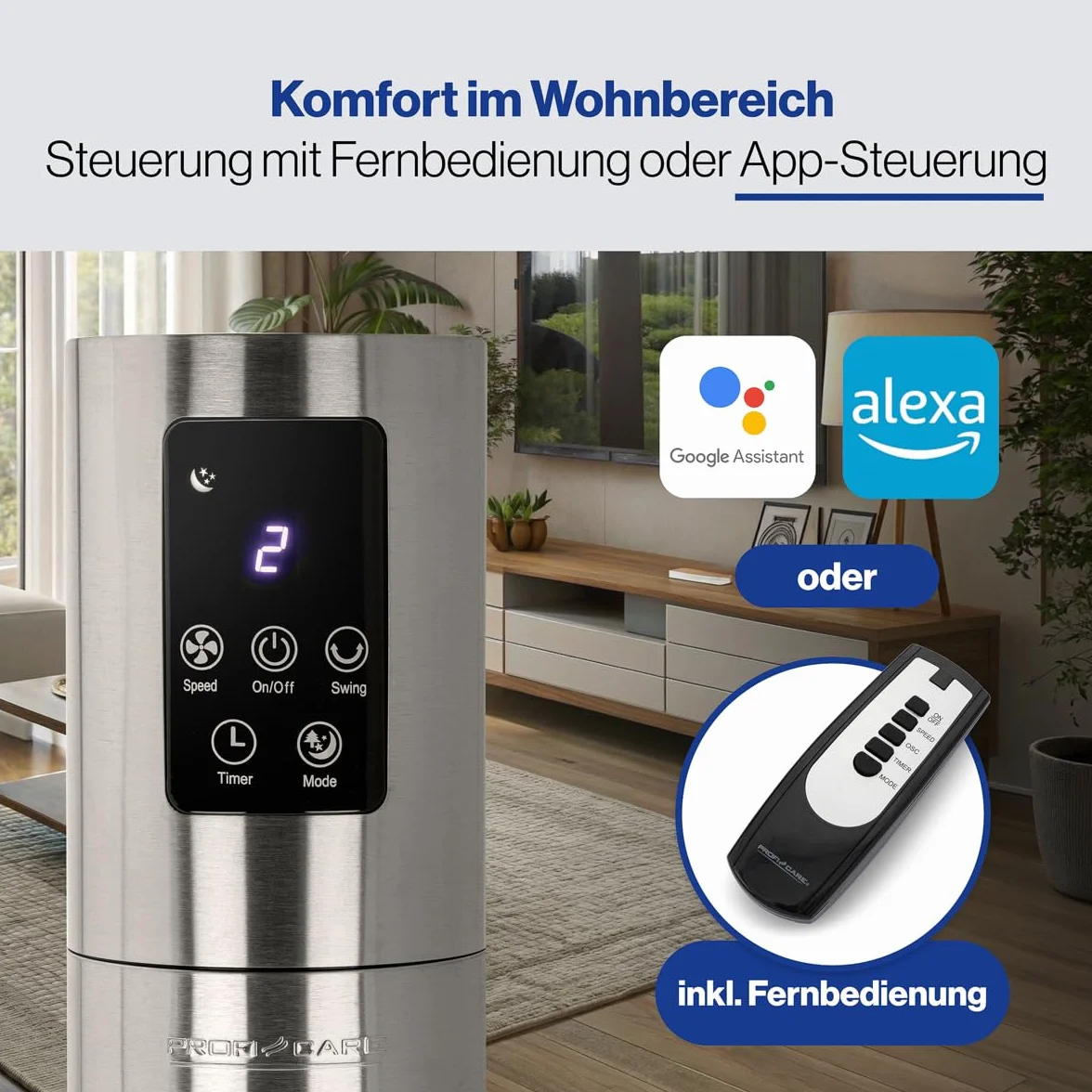ProfiCare Wentylator kolumnowy PC-TVL 3090 z pilotem, WiFi, LED, timer, 3 prędkości, czarny/stal nierdzewna
