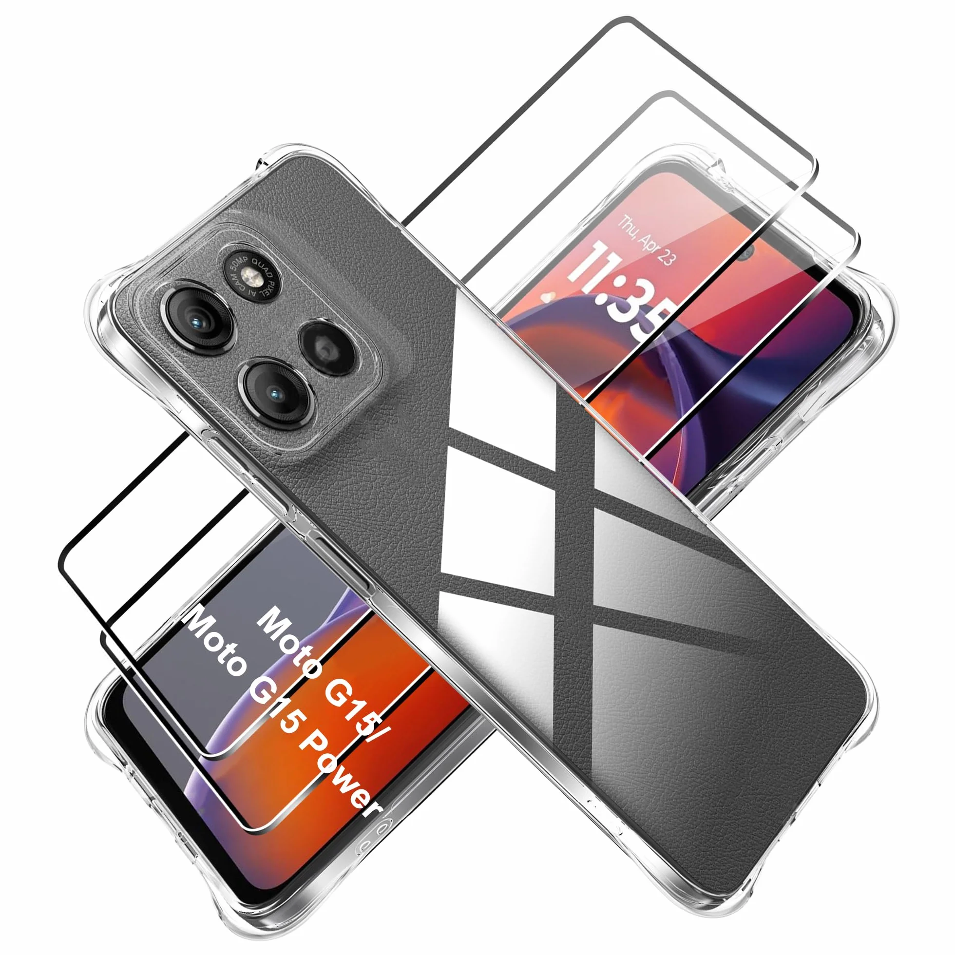 Tieeyivv Etui na telefon komórkowy do Motorola Moto G15/G15 Power z folią ochronną na ekran ze szkła hartowanego, przezroczysta osłona TPU, łagodna, przejrzysta osłona na telefon [Ochrona kamery]