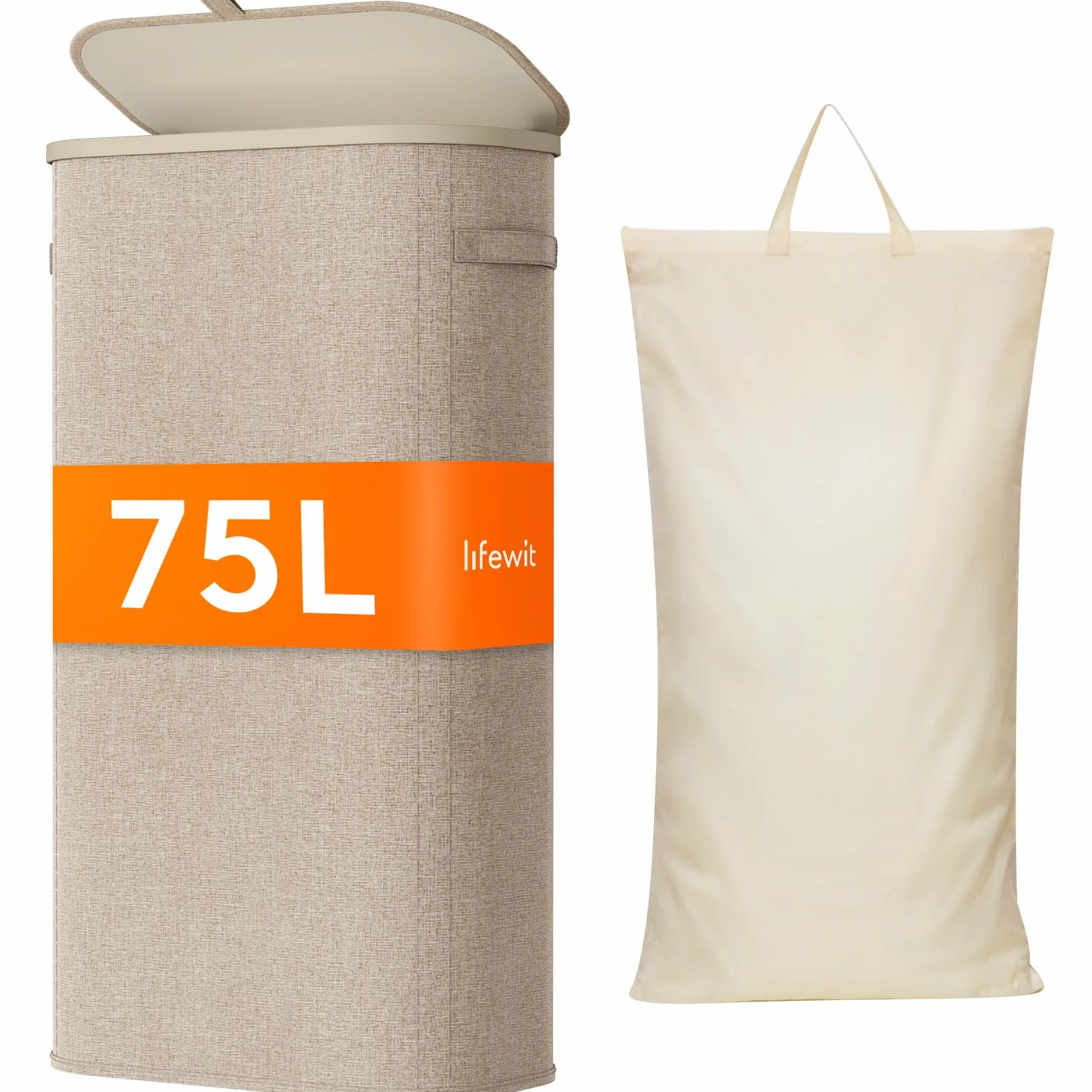 Lifewit Kosz na Pranie z Pokrywą, Wąski Kosze na Pranie z Plastikowymi Uchwytami i Wyjmowaną Torbą, Składany Wysoki Kosz do Pralni, Sypialni, Łazienki i Akademika, 75 L, Beżowy