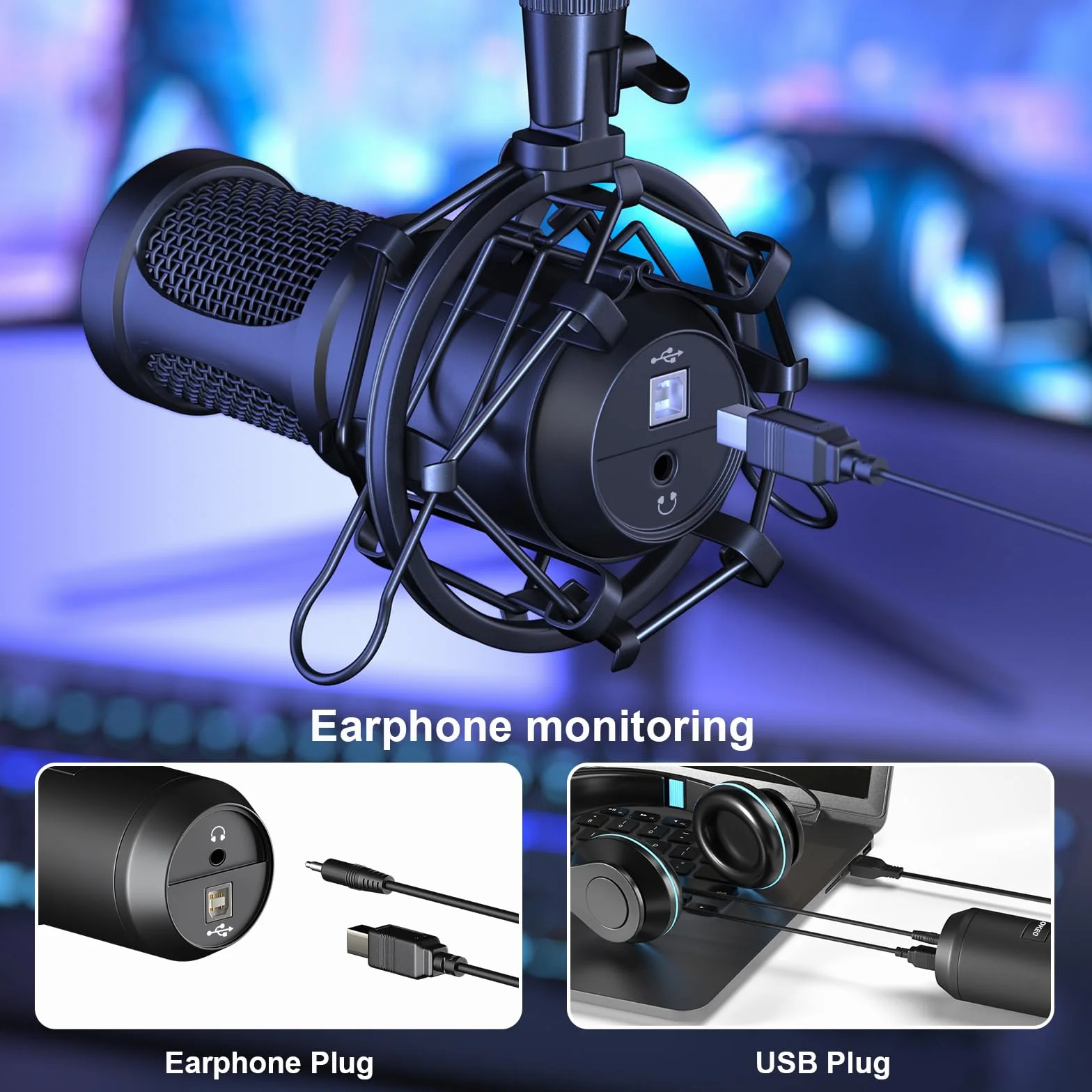Aokeo AK-60 Mikrofon USB, 192 kHz/24-bit, do gier PC, ze stojakiem na ramię, uchwytem amortyzującym, filtrem pop, osłoną piankową, do podcastów, przesyłania strumieniowego, studia, karaoke, nagrywania