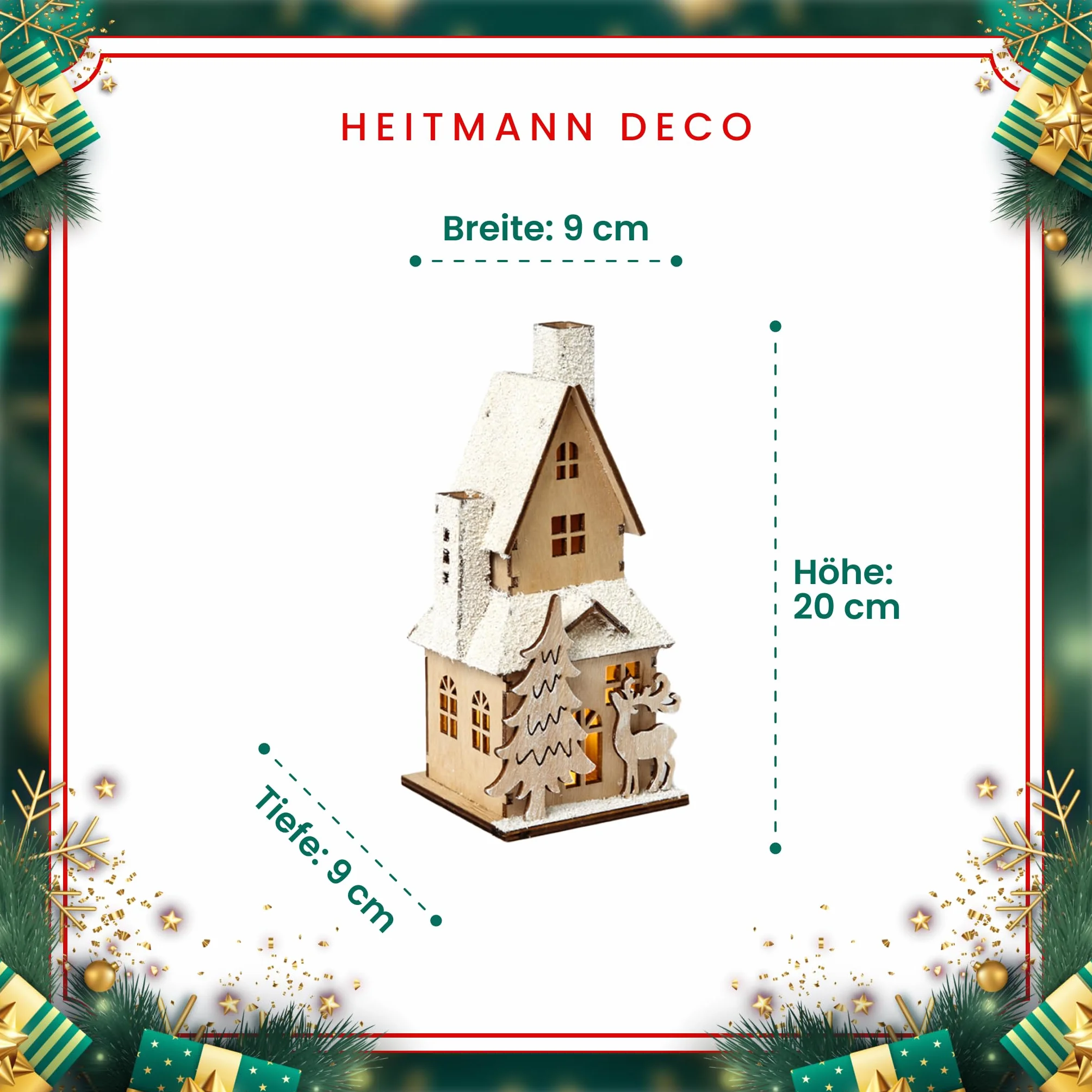 HEITMANN DECO Dekoracyjny drewniany domek z oświetleniem LED 9x9x20 cm naturalny