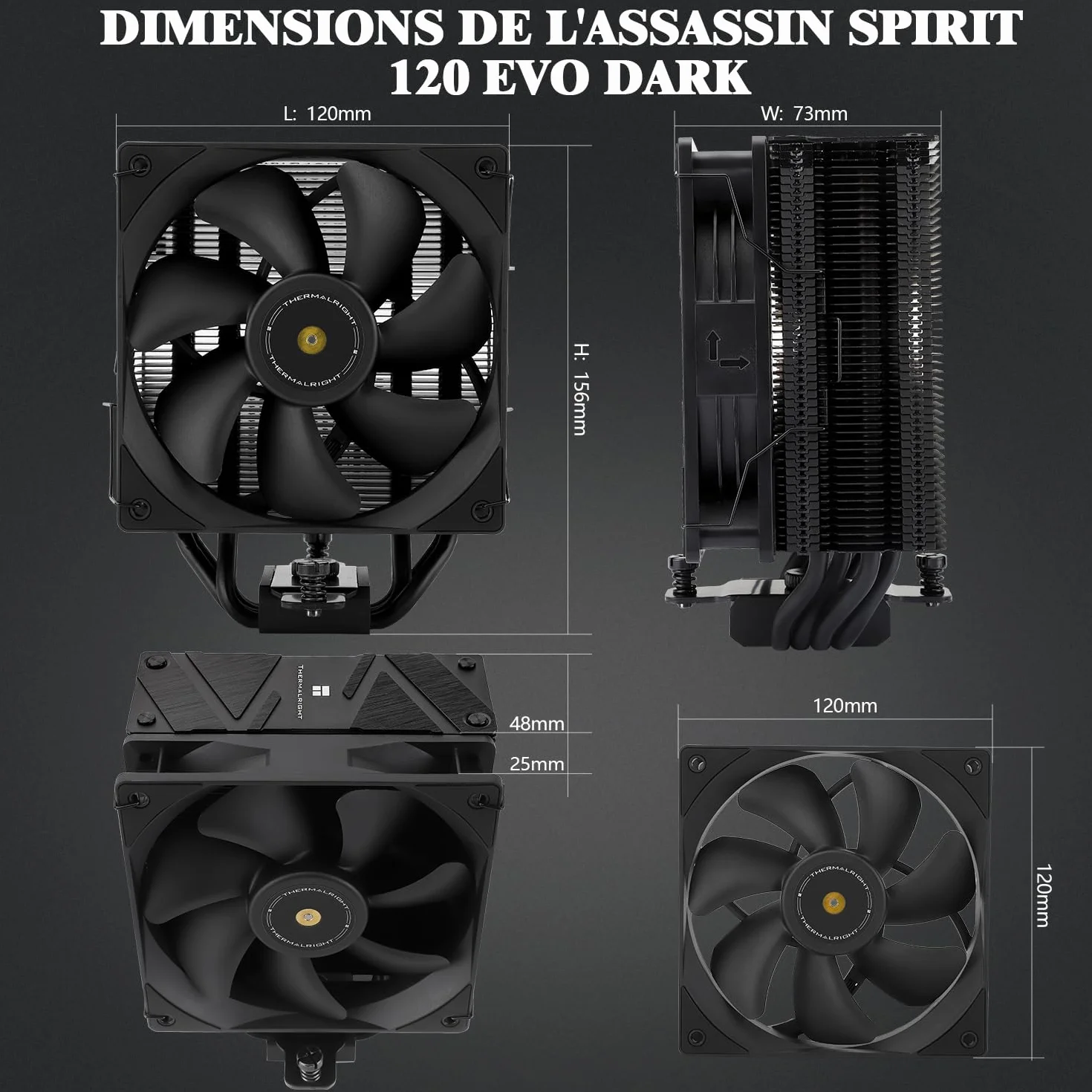 TR Assassin Spirit 120 EVO DARK CPU Cooler czarny, 120 mm PWM Cichy wentylator CPU Cooler, AGHP 4th Technology, obsługa Intel LGA1700/1150/1151/1200, AMD AM4 AM5, chłodzenie komputera