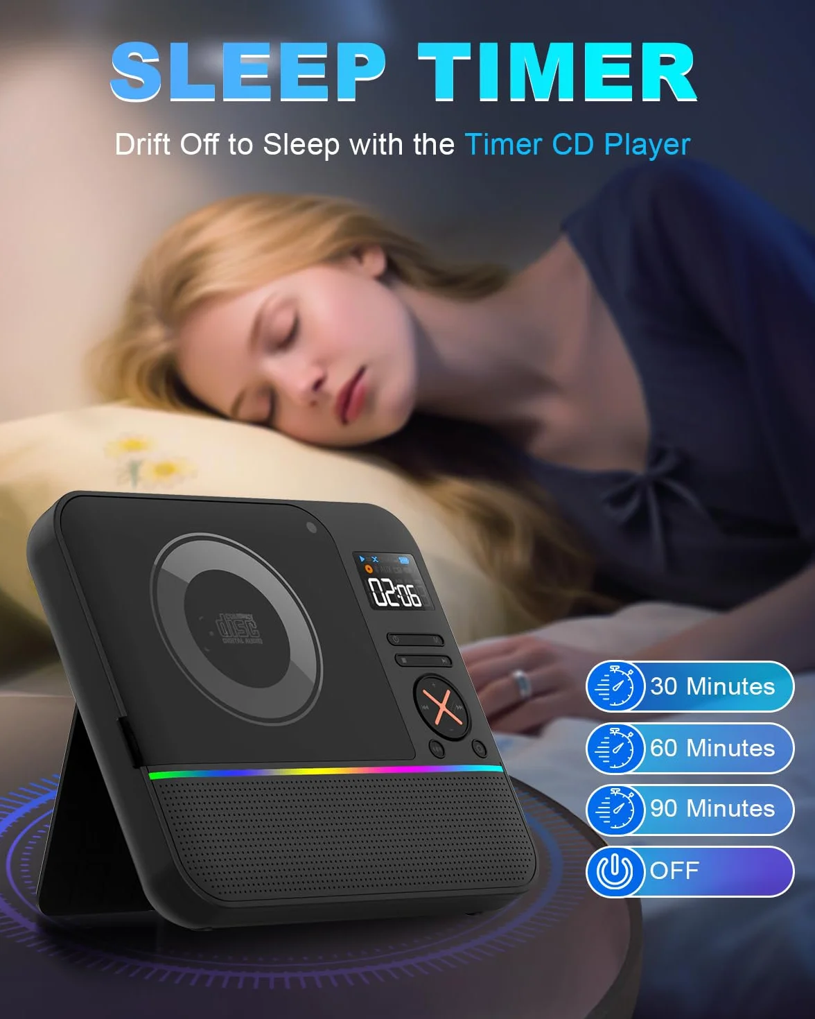 Przenośny odtwarzacz CD Bluetooth, Boombox, stacjonarny odtwarzacz CD z radiem FM Bluetooth i wyświetlaczem LED RGB z podwójnym wbudowanym głośnikiem, kompatybilny z USB/AUX do domowych przenośnych