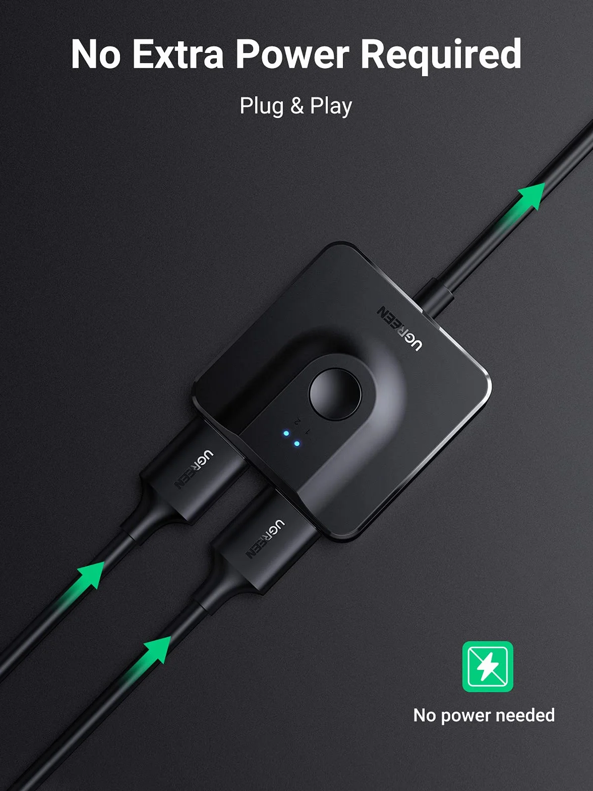 UGREEN Przełącznik HDMI 4K przy 60 Hz z kablem 1M, dwukierunkowy rozdzielacz 2 w 1 wyjście obsługuje 3D 1080P HDR kompatybilny z PS5/PS4, HDTV, Xbox, Blu-Ray, Firestick