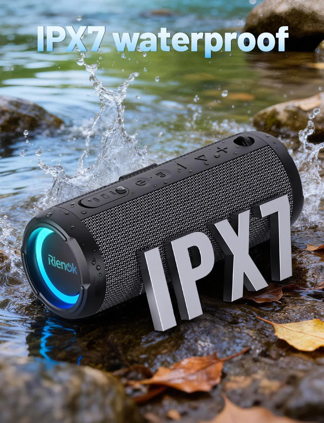 RIENOK Głośnik Bluetooth ze światłem, Bluetooth 5.3, głośnik basowy, bezprzewodowy, z wodoszczelnością IPX7, dźwięk stereo, przenośny