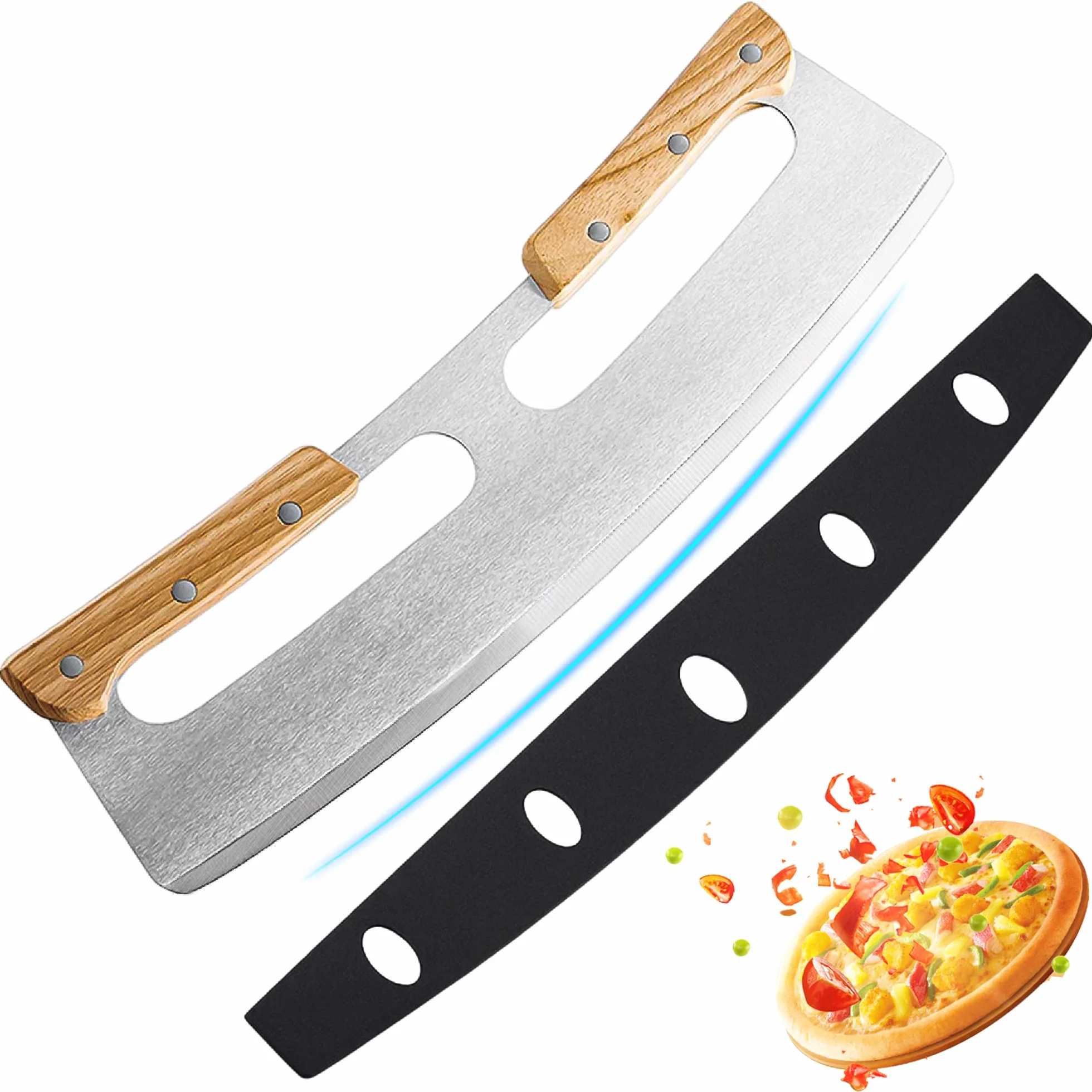 Nóż do pizzy bujany ze stali nierdzewnej 35cm z drewnianą rączką i pokrowcem ochronnym