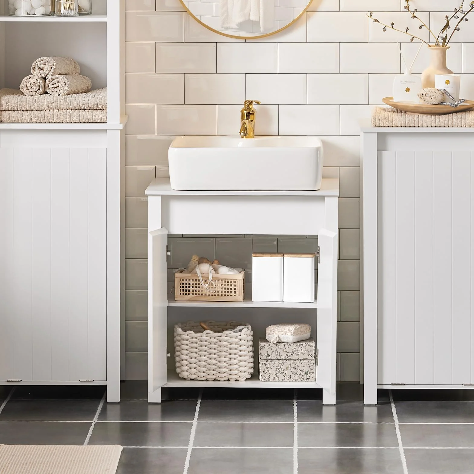 SoBuy BZR101-W Stojąca Szafka Pod Umywalkę Łazienkowa Komoda Kosz na Pranie Biały 60x34x65.5 cm