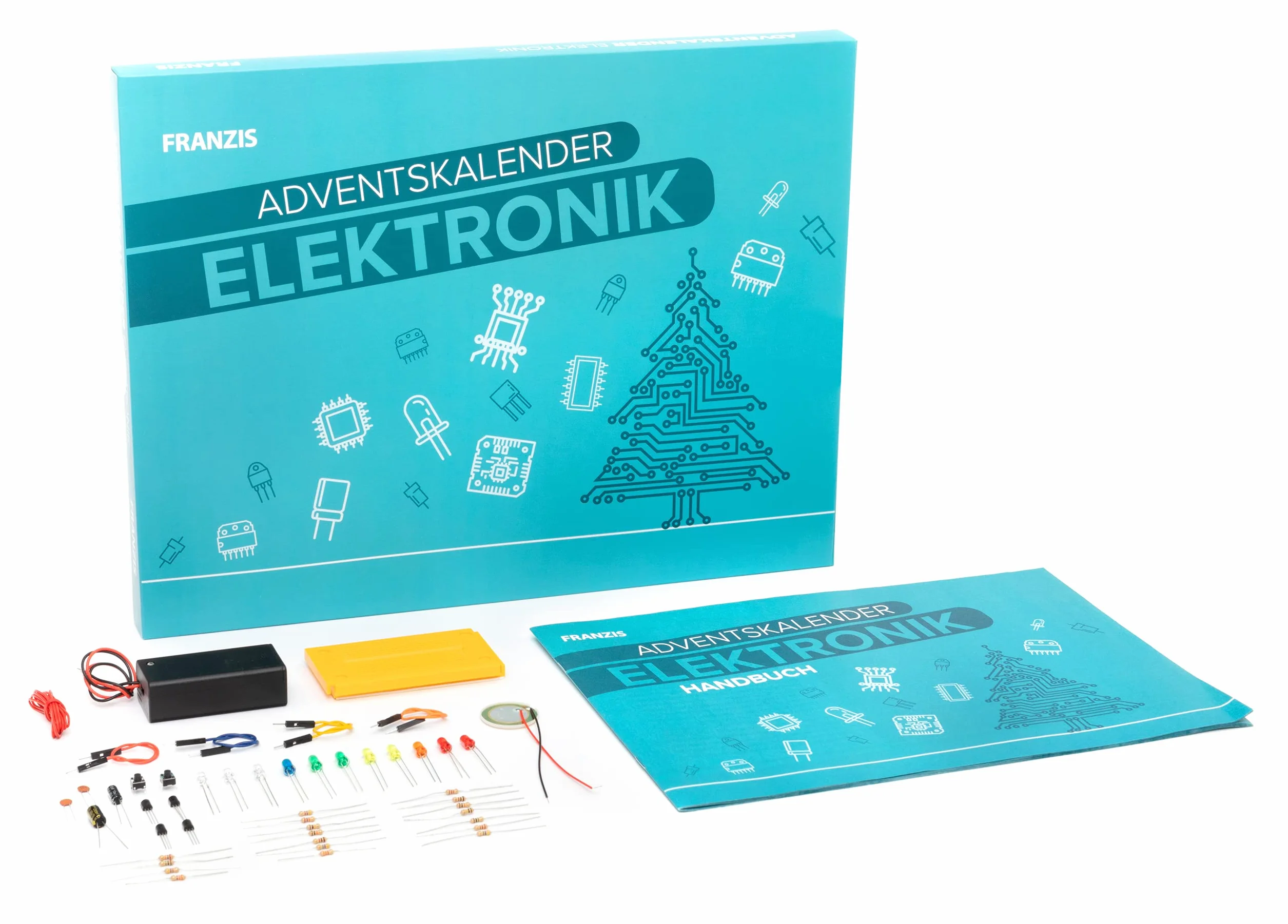FRANZIS 67400 Elektroniczny kalendarz adwentowy, 24 eksperymenty z elektroniki, zestaw z płytką drukowaną